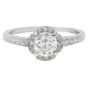 Art Deco 0.93 CTW Old European Cut Diamond Platinum Quatrefoil Vintage Engagement Ring