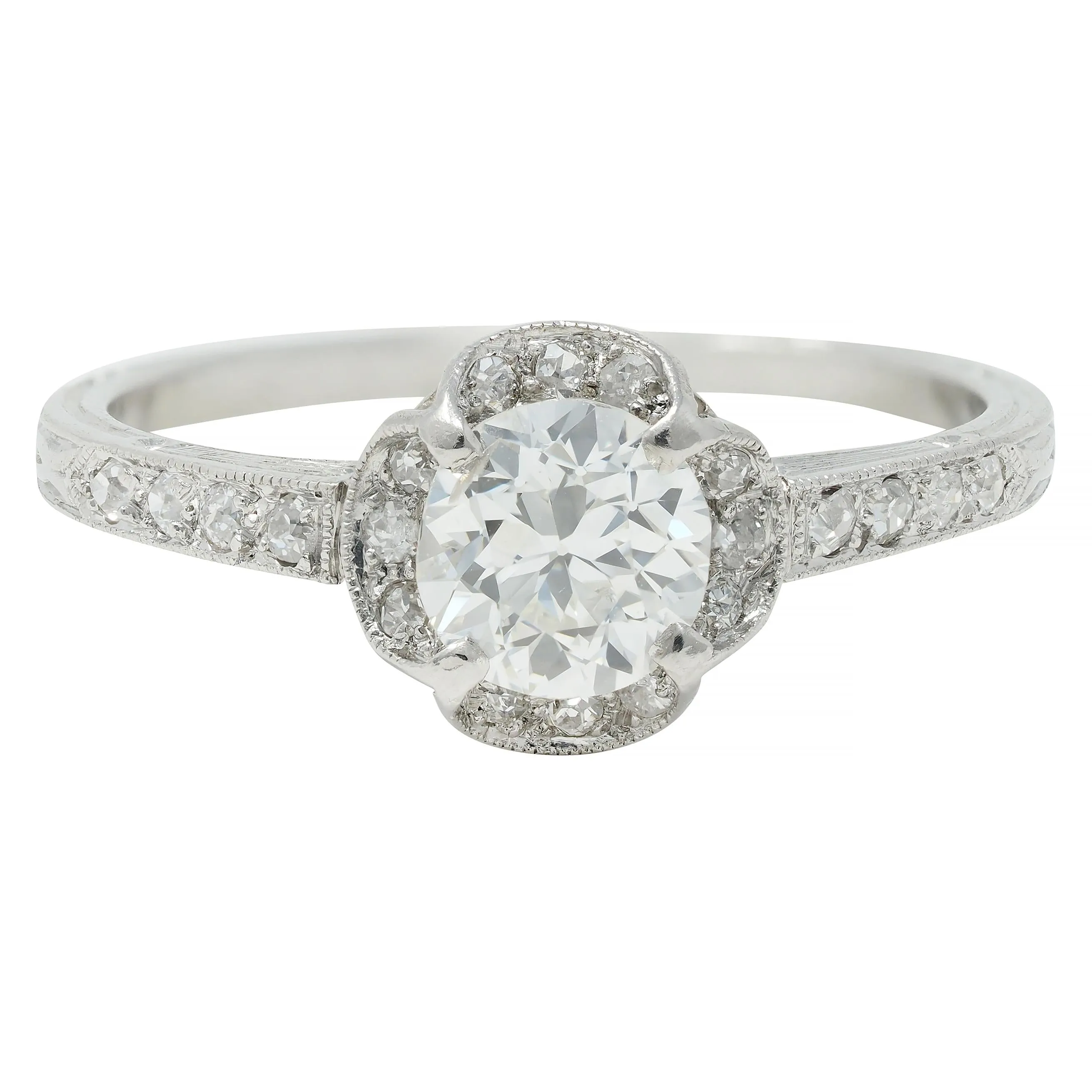 Art Deco 0.93 CTW Old European Cut Diamond Platinum Quatrefoil Vintage Engagement Ring