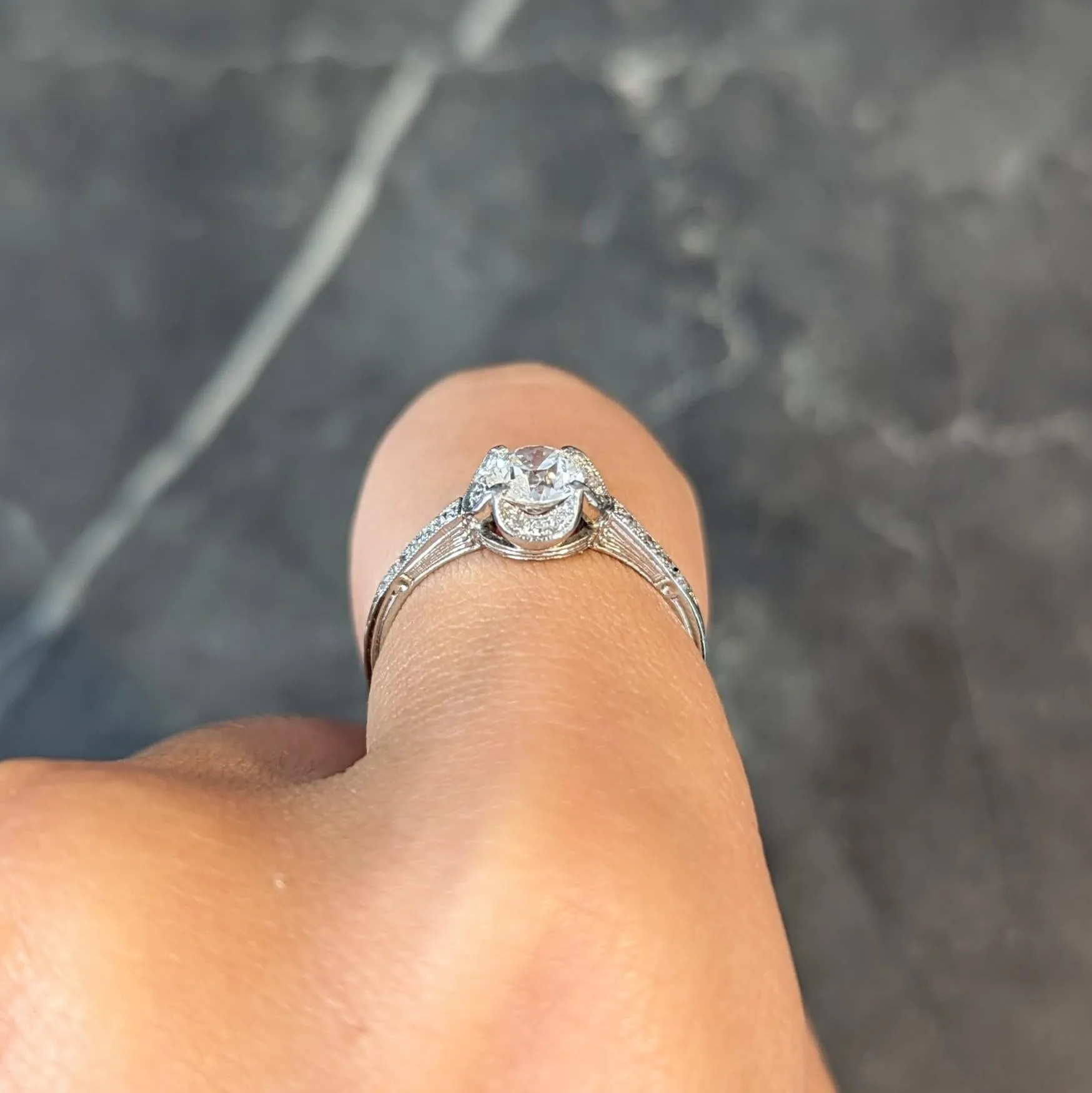 Art Deco 0.93 CTW Old European Cut Diamond Platinum Quatrefoil Vintage Engagement Ring