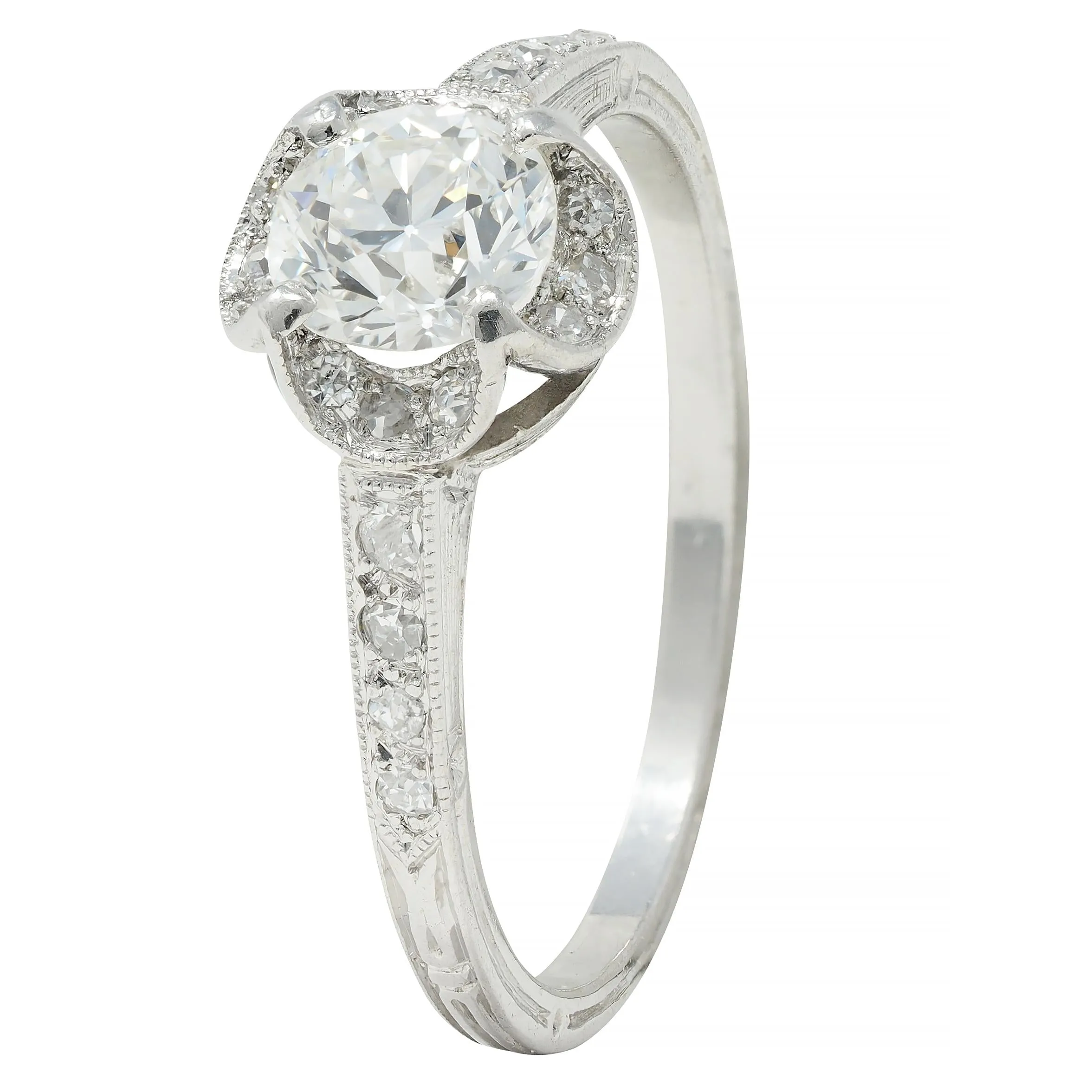 Art Deco 0.93 CTW Old European Cut Diamond Platinum Quatrefoil Vintage Engagement Ring