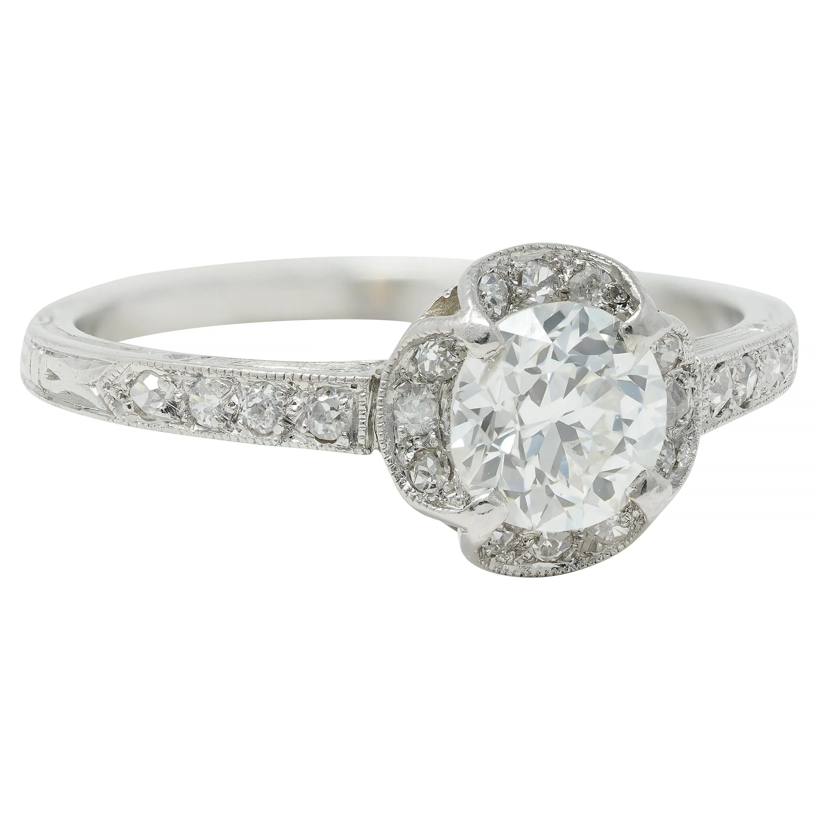 Art Deco 0.93 CTW Old European Cut Diamond Platinum Quatrefoil Vintage Engagement Ring
