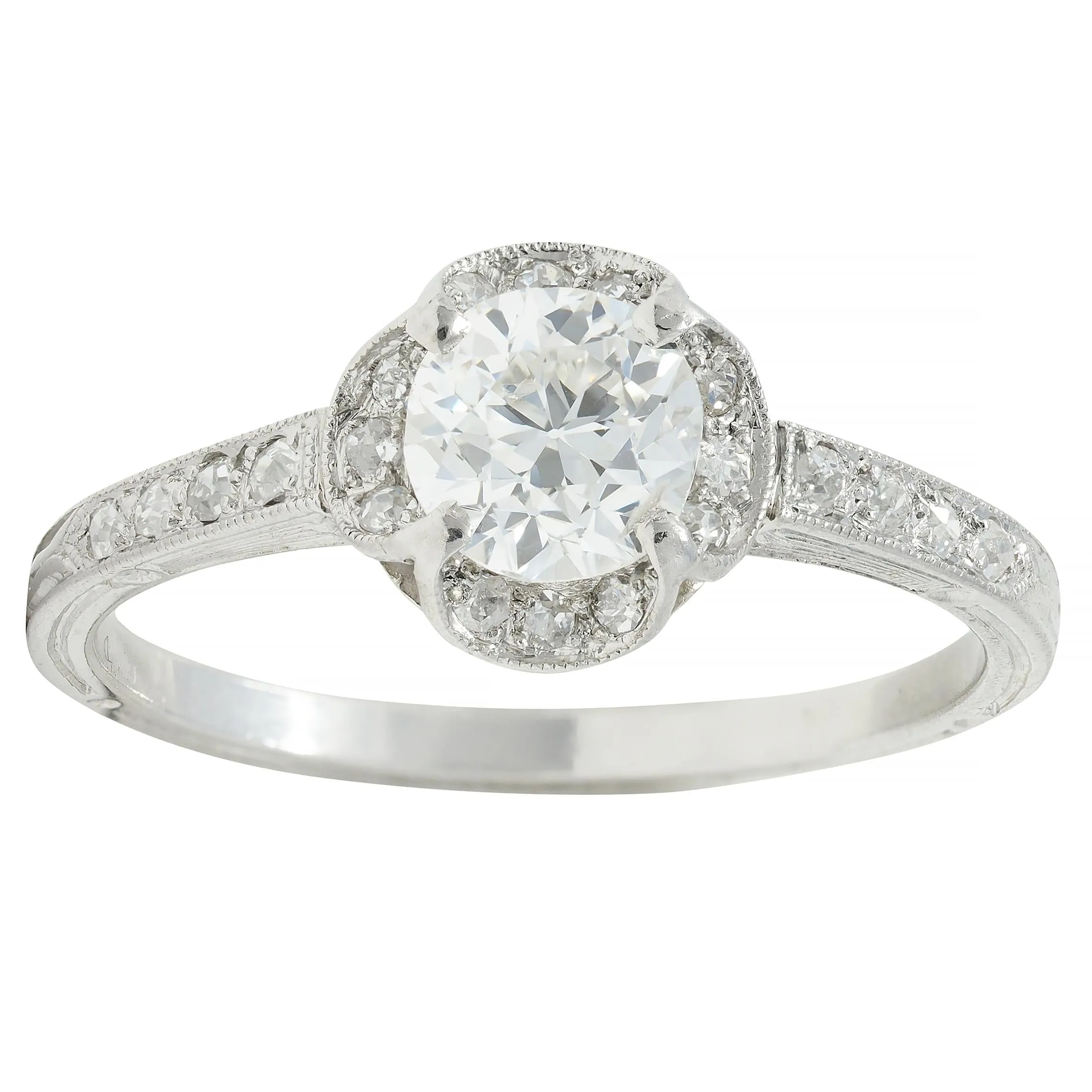 Art Deco 0.93 CTW Old European Cut Diamond Platinum Quatrefoil Vintage Engagement Ring