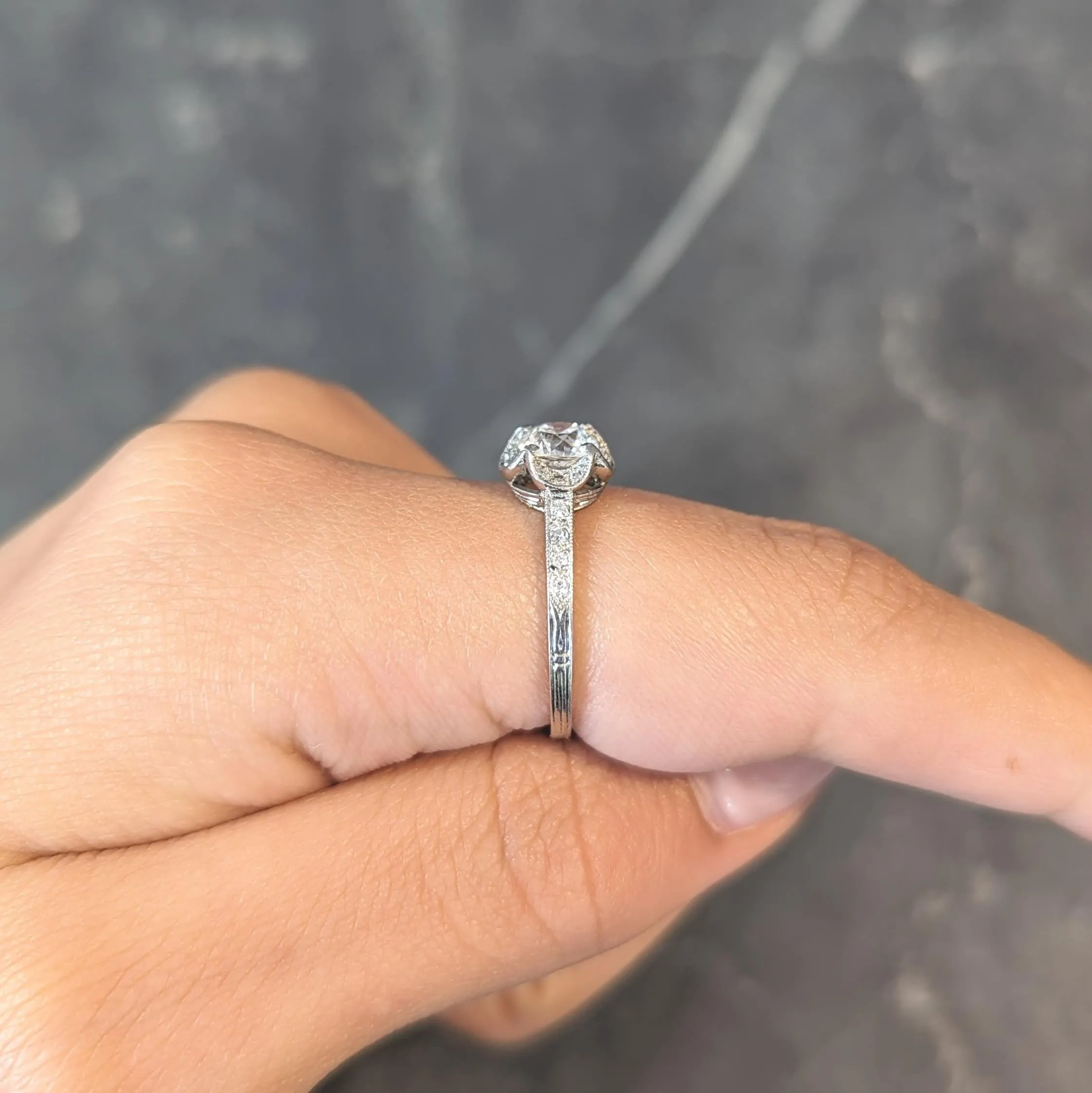 Art Deco 0.93 CTW Old European Cut Diamond Platinum Quatrefoil Vintage Engagement Ring