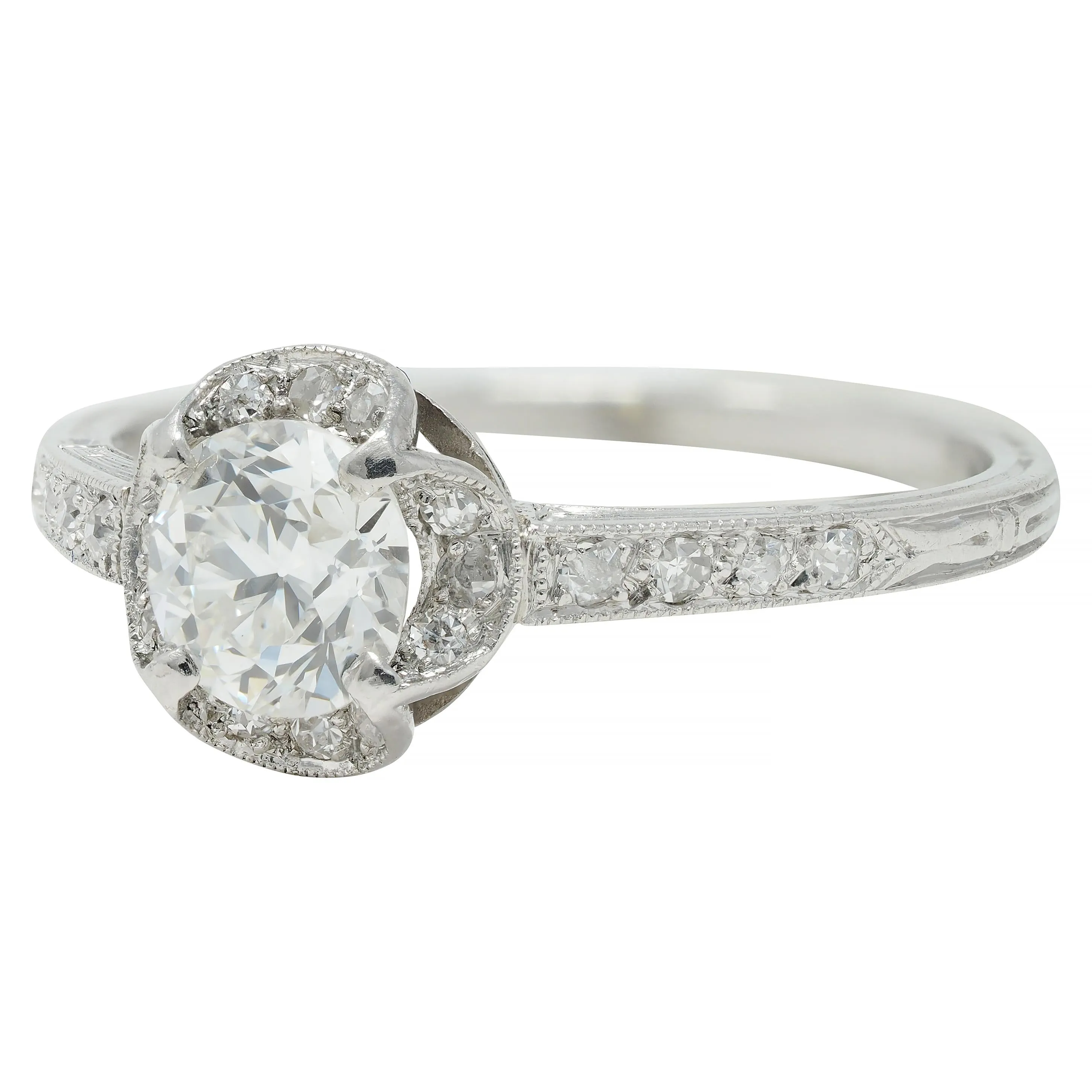 Art Deco 0.93 CTW Old European Cut Diamond Platinum Quatrefoil Vintage Engagement Ring