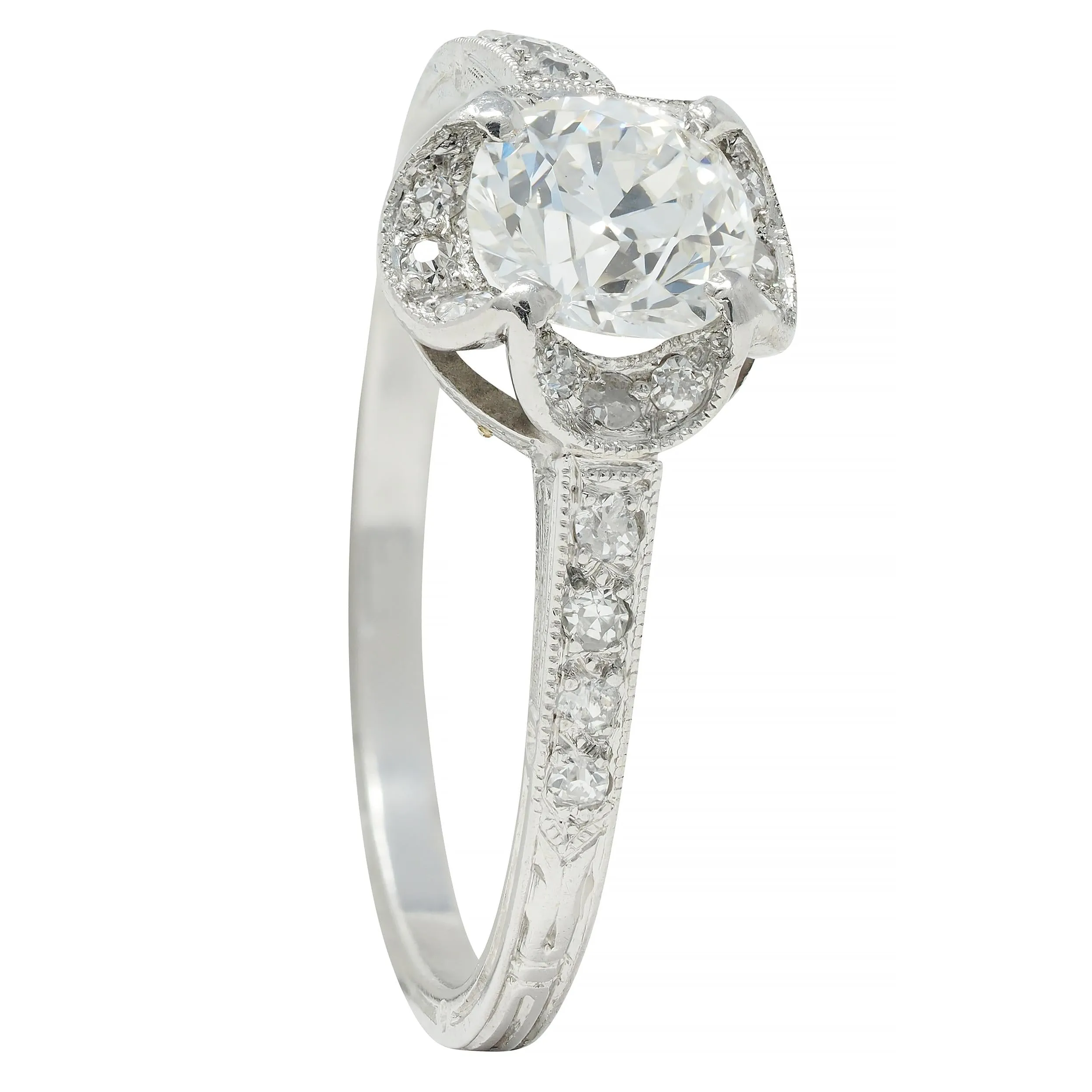 Art Deco 0.93 CTW Old European Cut Diamond Platinum Quatrefoil Vintage Engagement Ring