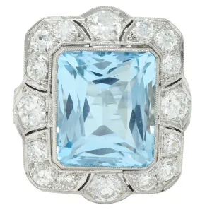 Art Deco 8.48 CTW Aquamarine Old European Cut Diamond Platinum Vintage Cocktail Ring