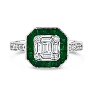 Art Deco Ring with Emerald Halo