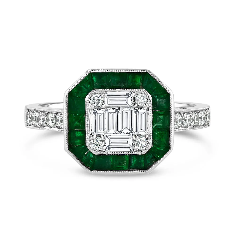 Art Deco Ring with Emerald Halo