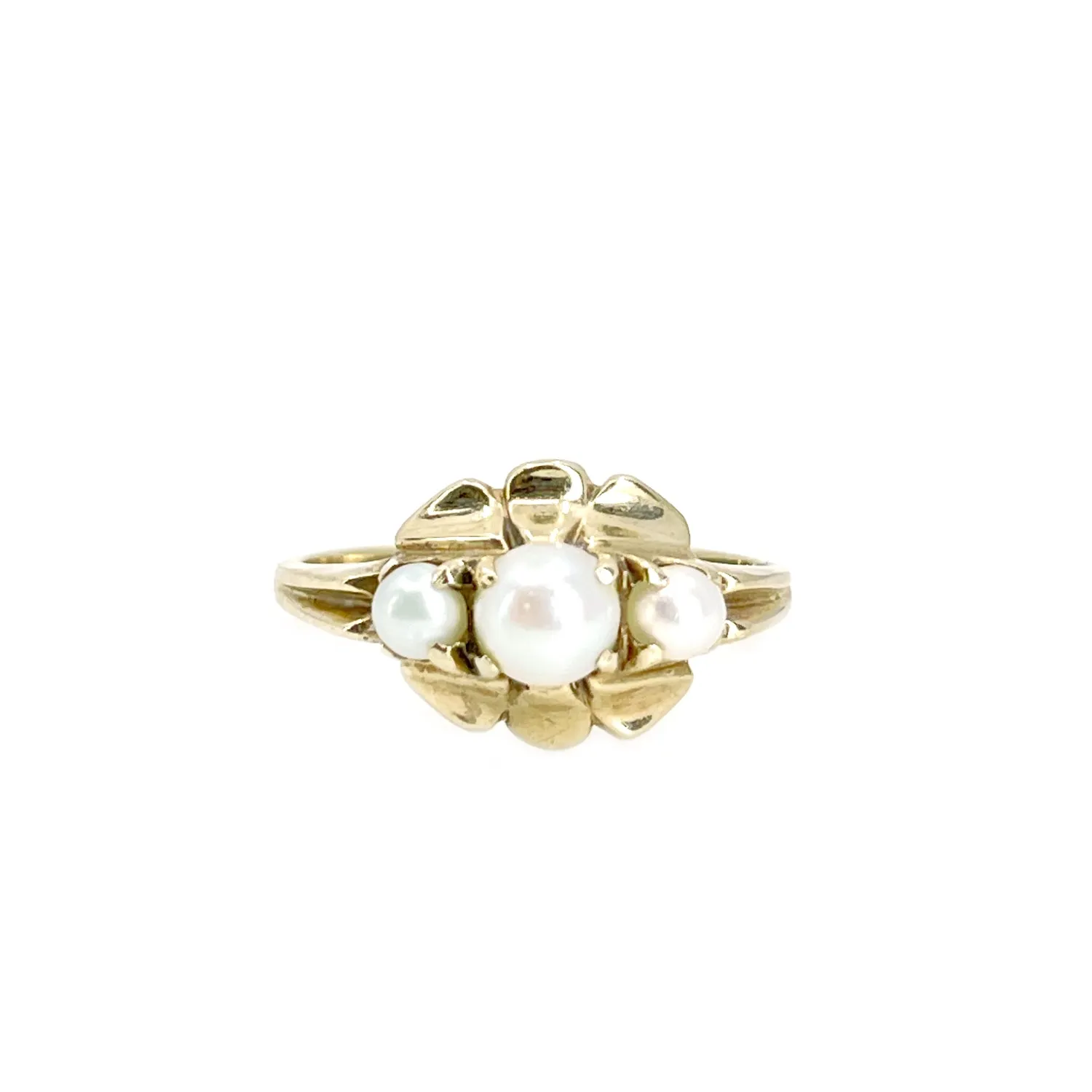 Art Nouveau Triple Japanese Saltwater Akoya Cultured Pearl Ring- 10K Yellow Gold Size 8 1/2