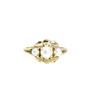 Art Nouveau Triple Japanese Saltwater Akoya Cultured Pearl Ring- 10K Yellow Gold Size 8 1/2