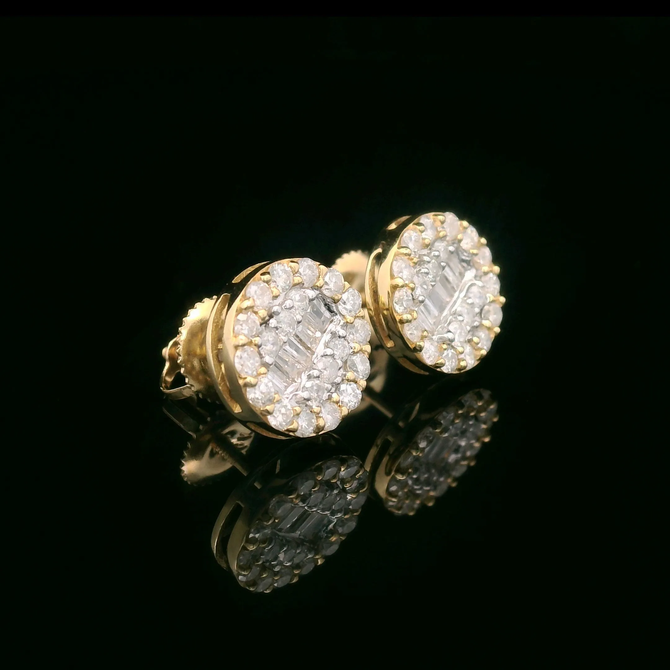 Baguette & Round Diamond Round Screw Back Earrings 14k Yellow Gold 0.92ctw