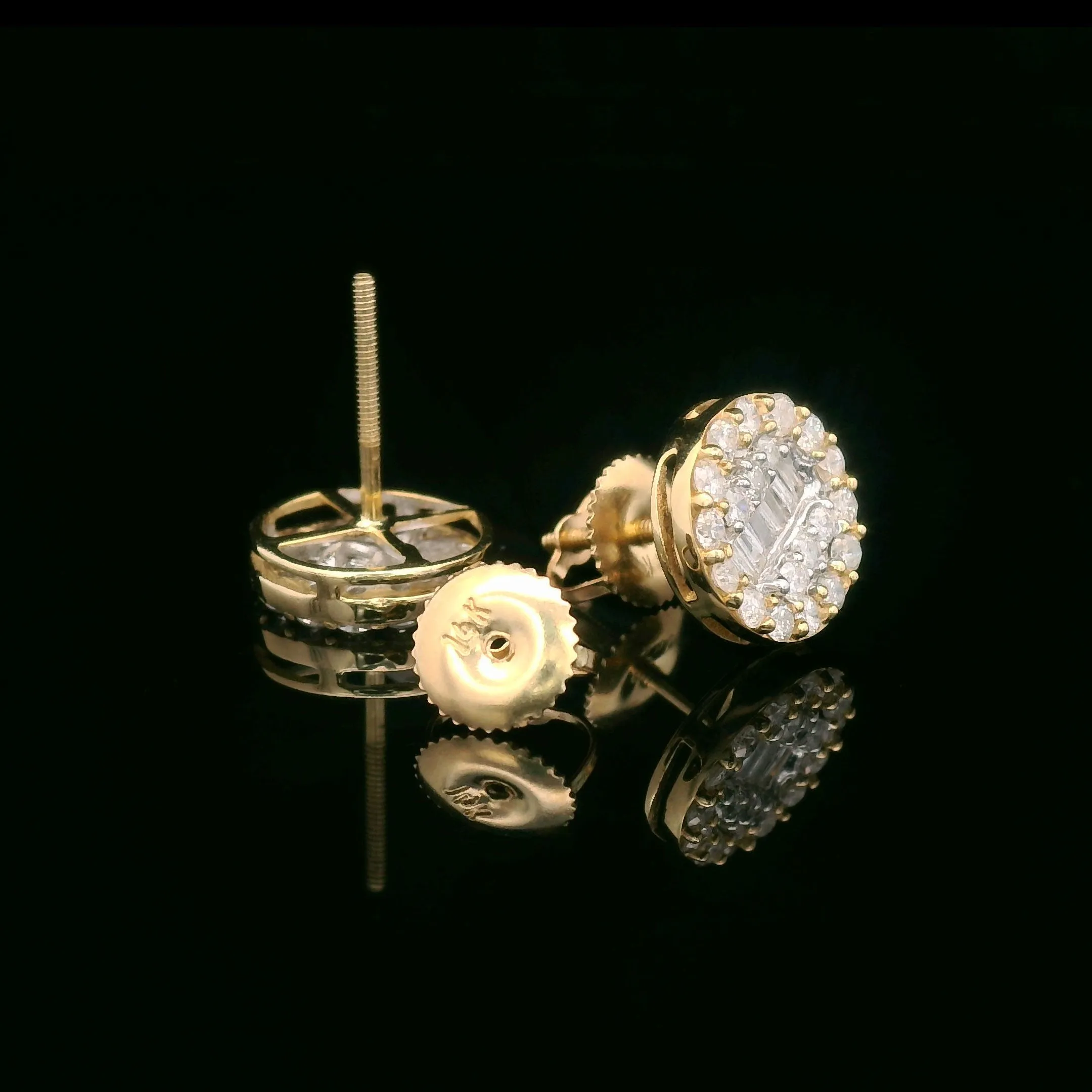 Baguette & Round Diamond Round Screw Back Earrings 14k Yellow Gold 0.92ctw