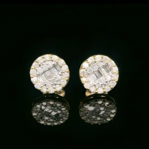 Baguette & Round Diamond Round Screw Back Earrings 14k Yellow Gold 0.92ctw