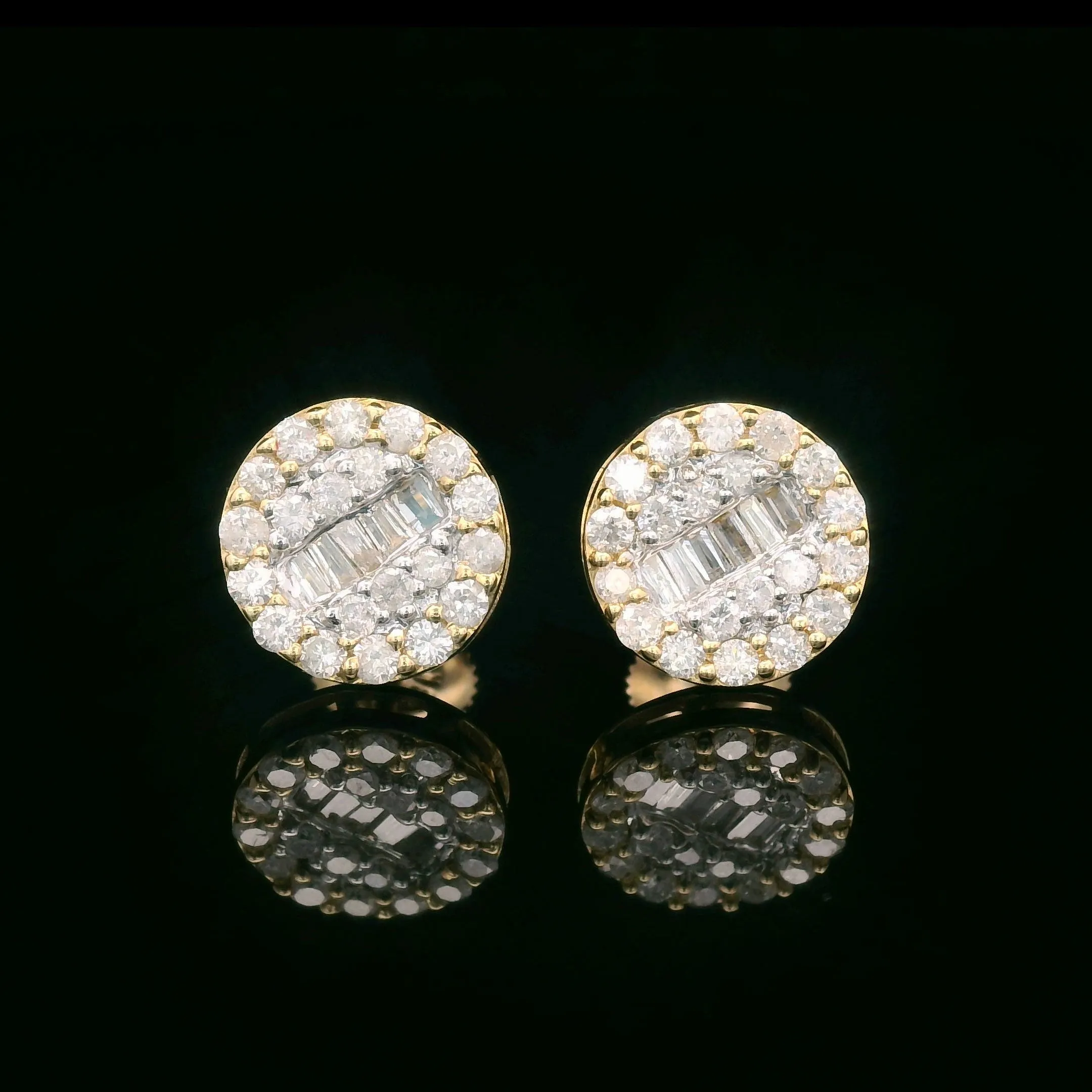 Baguette & Round Diamond Round Screw Back Earrings 14k Yellow Gold 0.92ctw