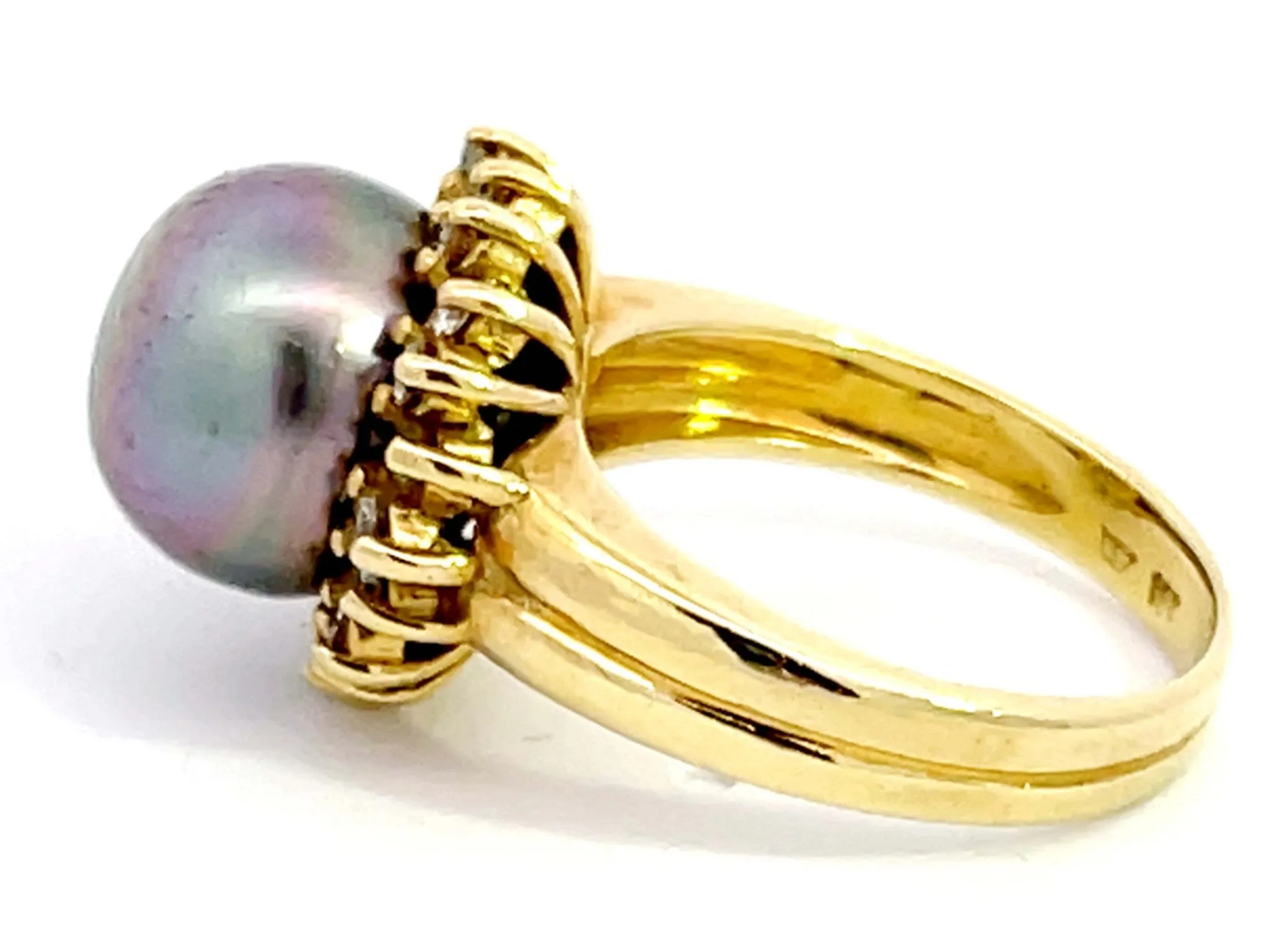 Baroque Pearl and Diamond Halo Vintage Ring in 18K Yellow Gold