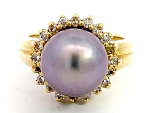 Baroque Pearl and Diamond Halo Vintage Ring in 18K Yellow Gold