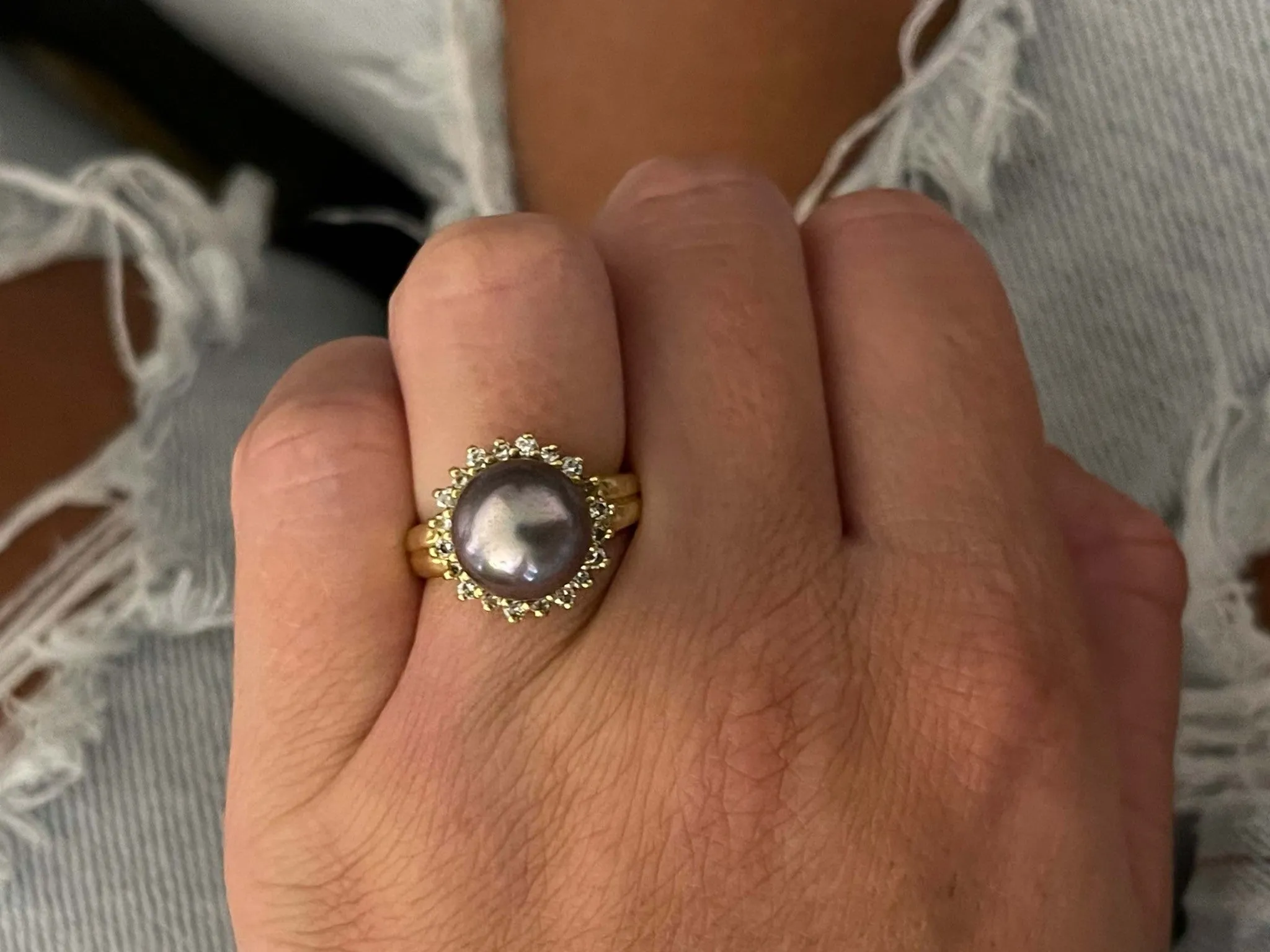 Baroque Pearl and Diamond Halo Vintage Ring in 18K Yellow Gold