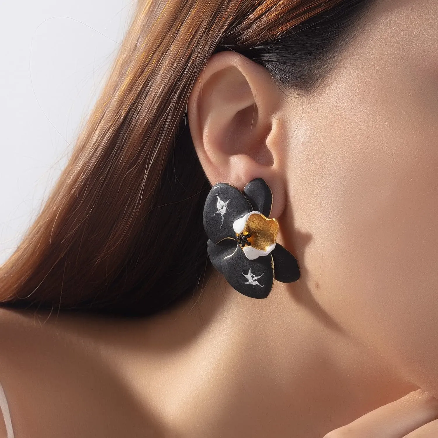Black & White Orchid Flower Earrings
