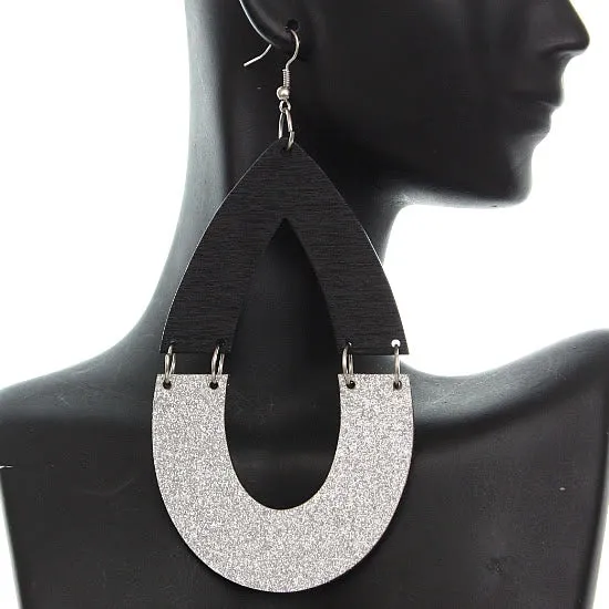 Black Wooden Glitter Link Teardrop Earrings