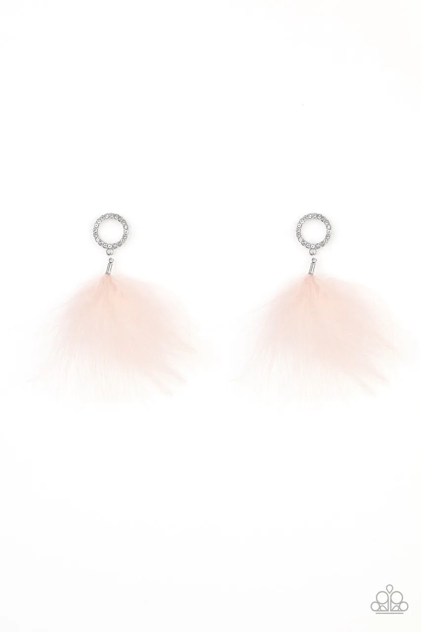 BOA Down - Pink - Feather White Rhinestone Paparazzi Post Earrings