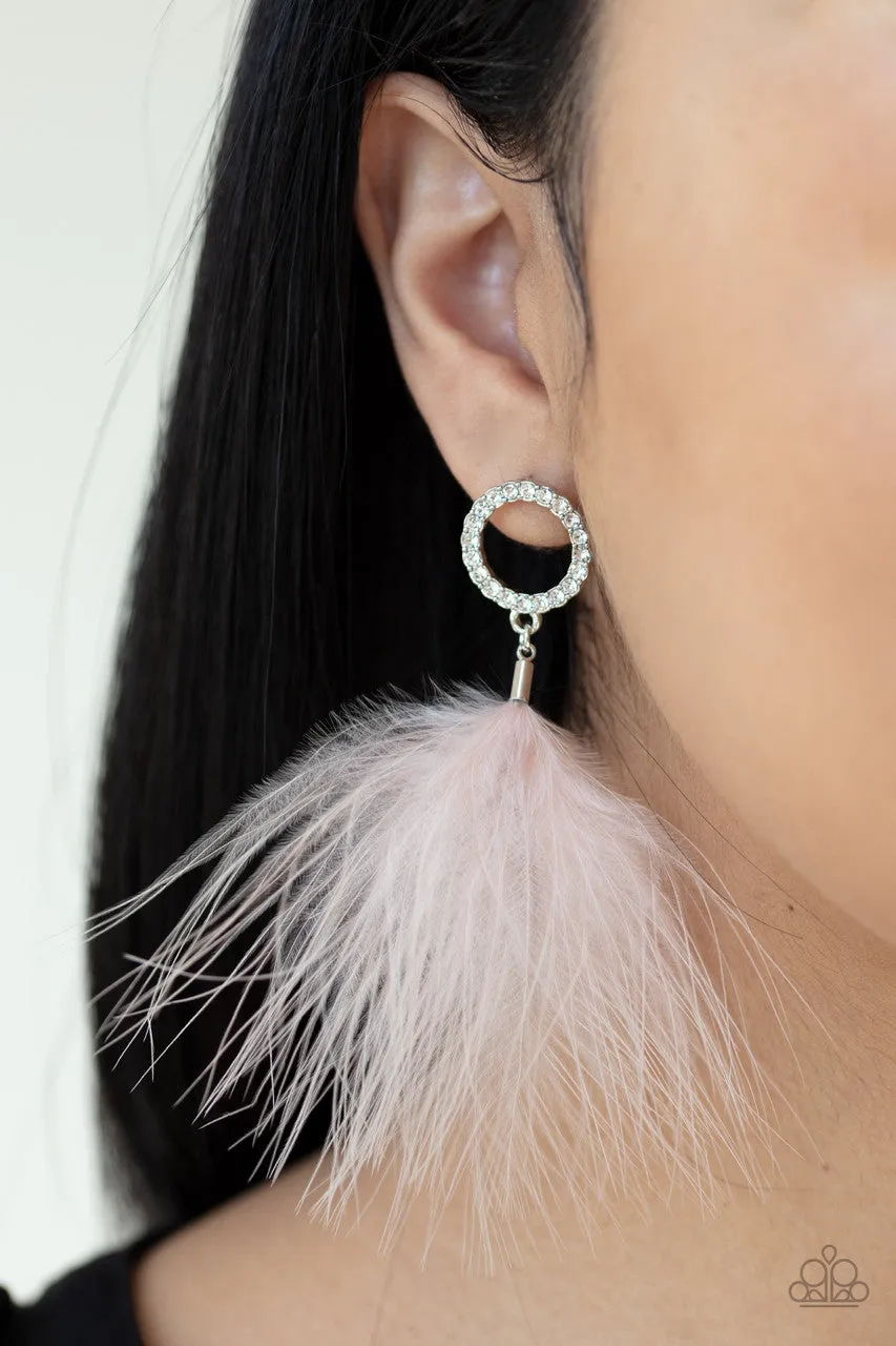 BOA Down - Pink - Feather White Rhinestone Paparazzi Post Earrings