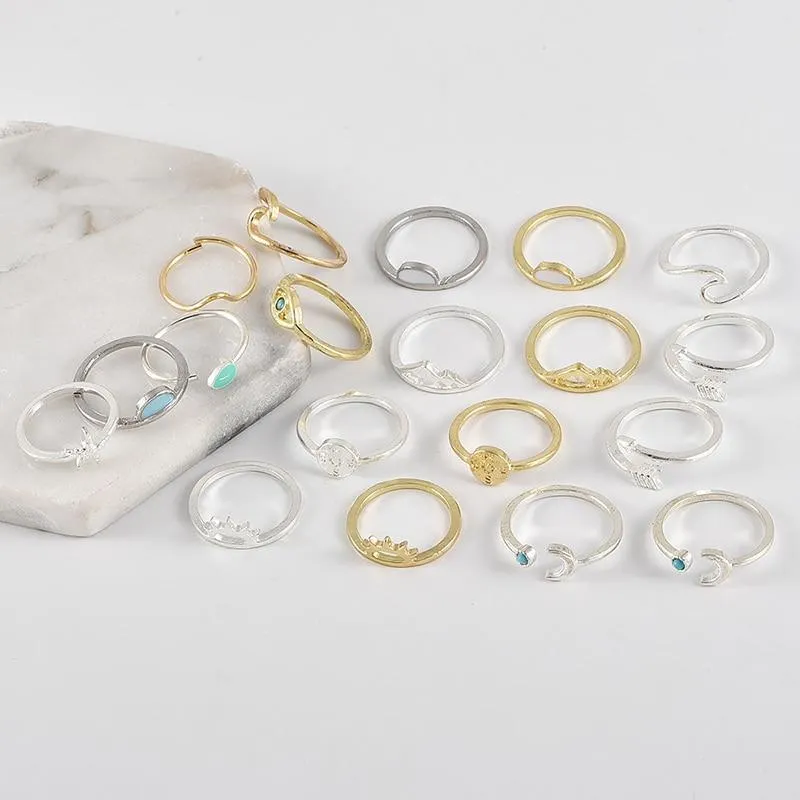 Boho Women Rings Set Compass Arrow Starfish Wave Moon Eyes Gem Gold Silver Color Opening Midi Ring Charm Lady Jewelry