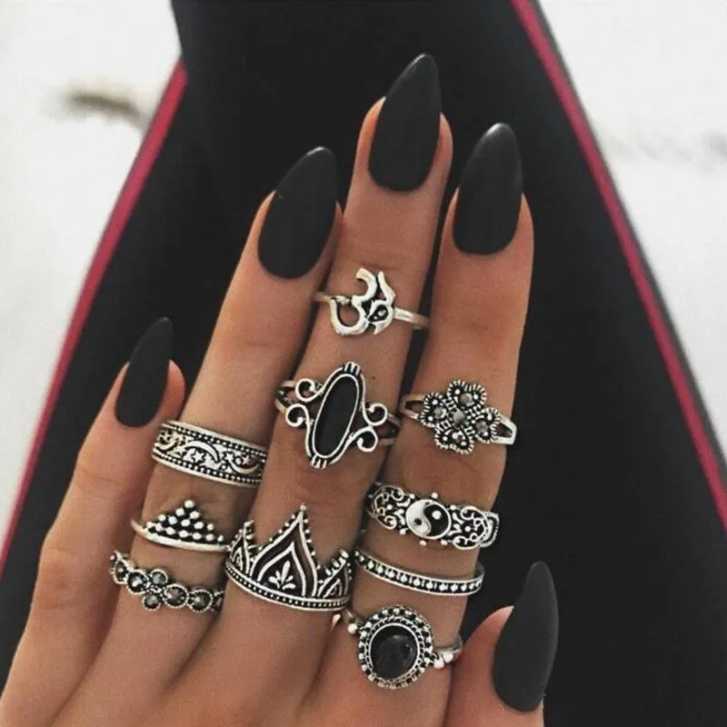 Boho Women Rings Set Compass Arrow Starfish Wave Moon Eyes Gem Gold Silver Color Opening Midi Ring Charm Lady Jewelry