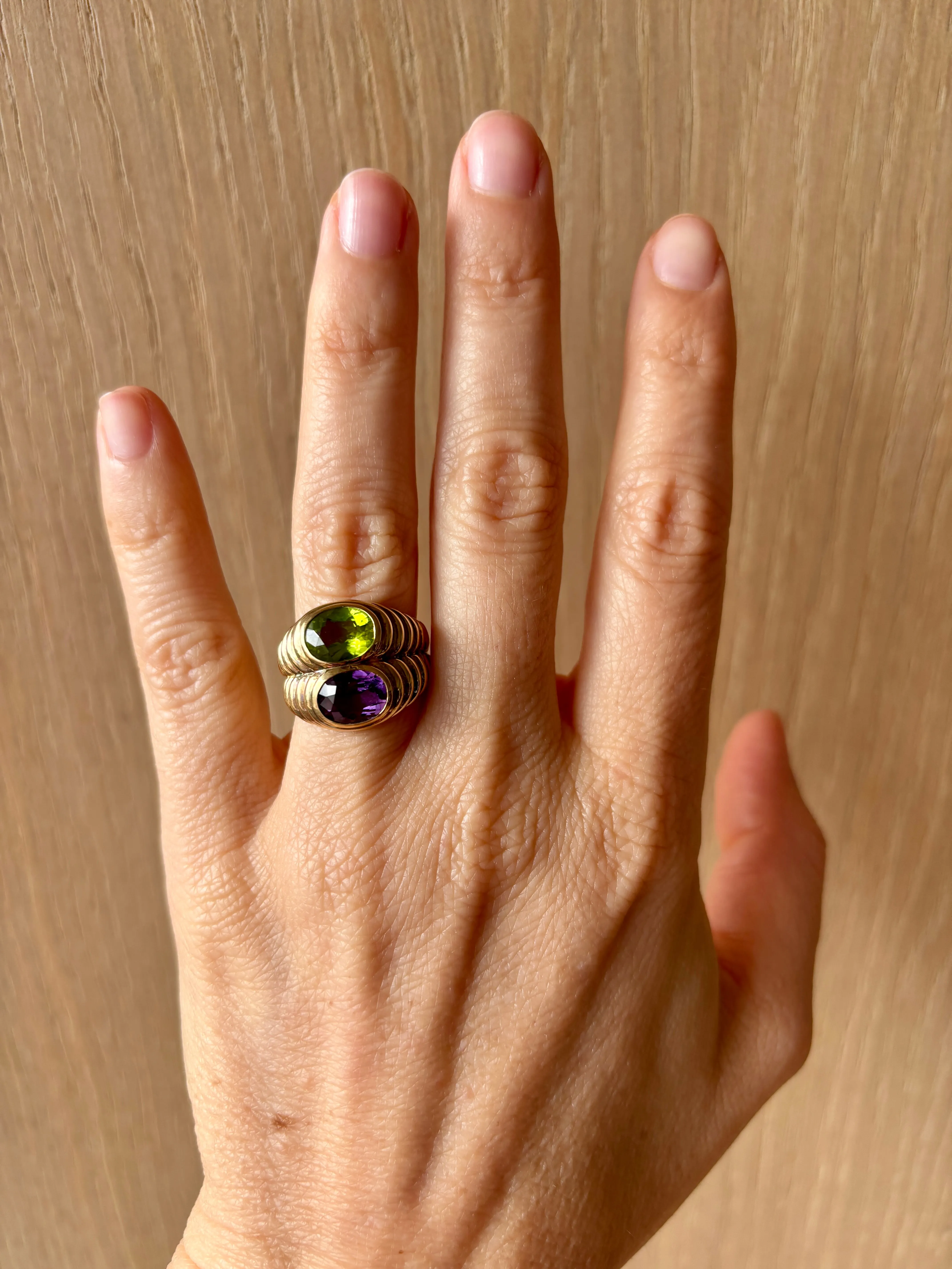 Bulgari Doppio Baccellato Peridot & Amethyst Gold Ring