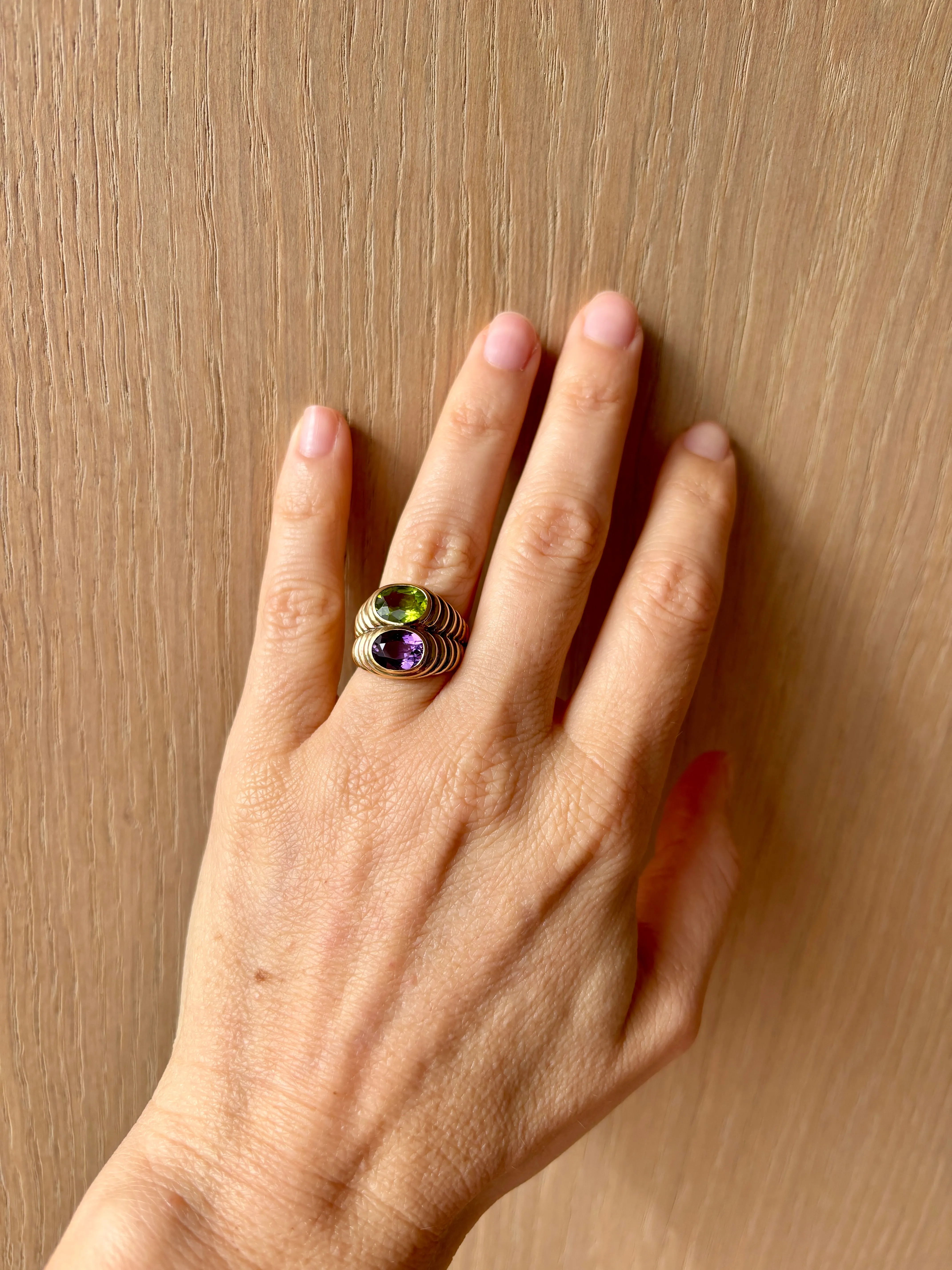 Bulgari Doppio Baccellato Peridot & Amethyst Gold Ring
