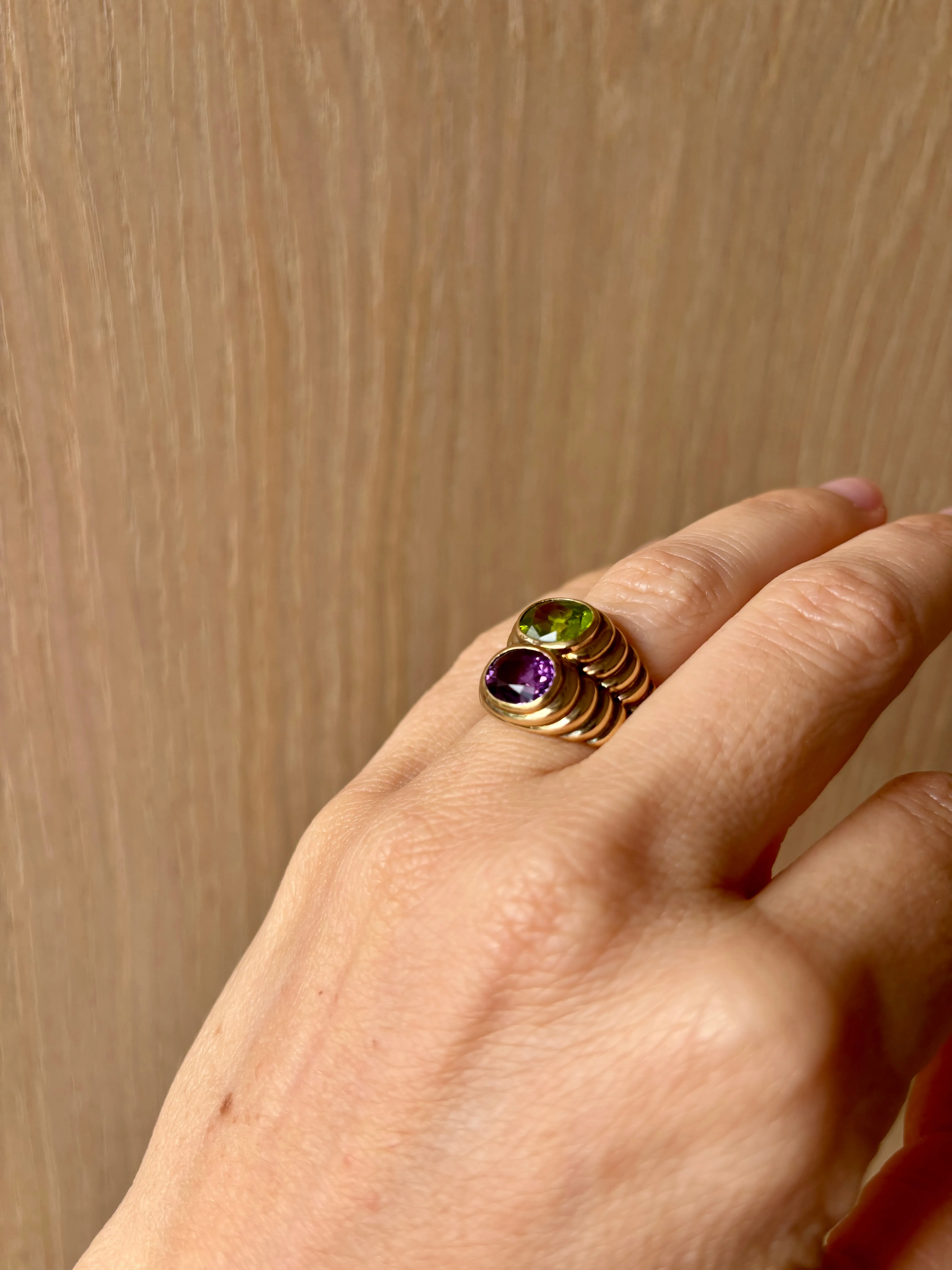 Bulgari Doppio Baccellato Peridot & Amethyst Gold Ring