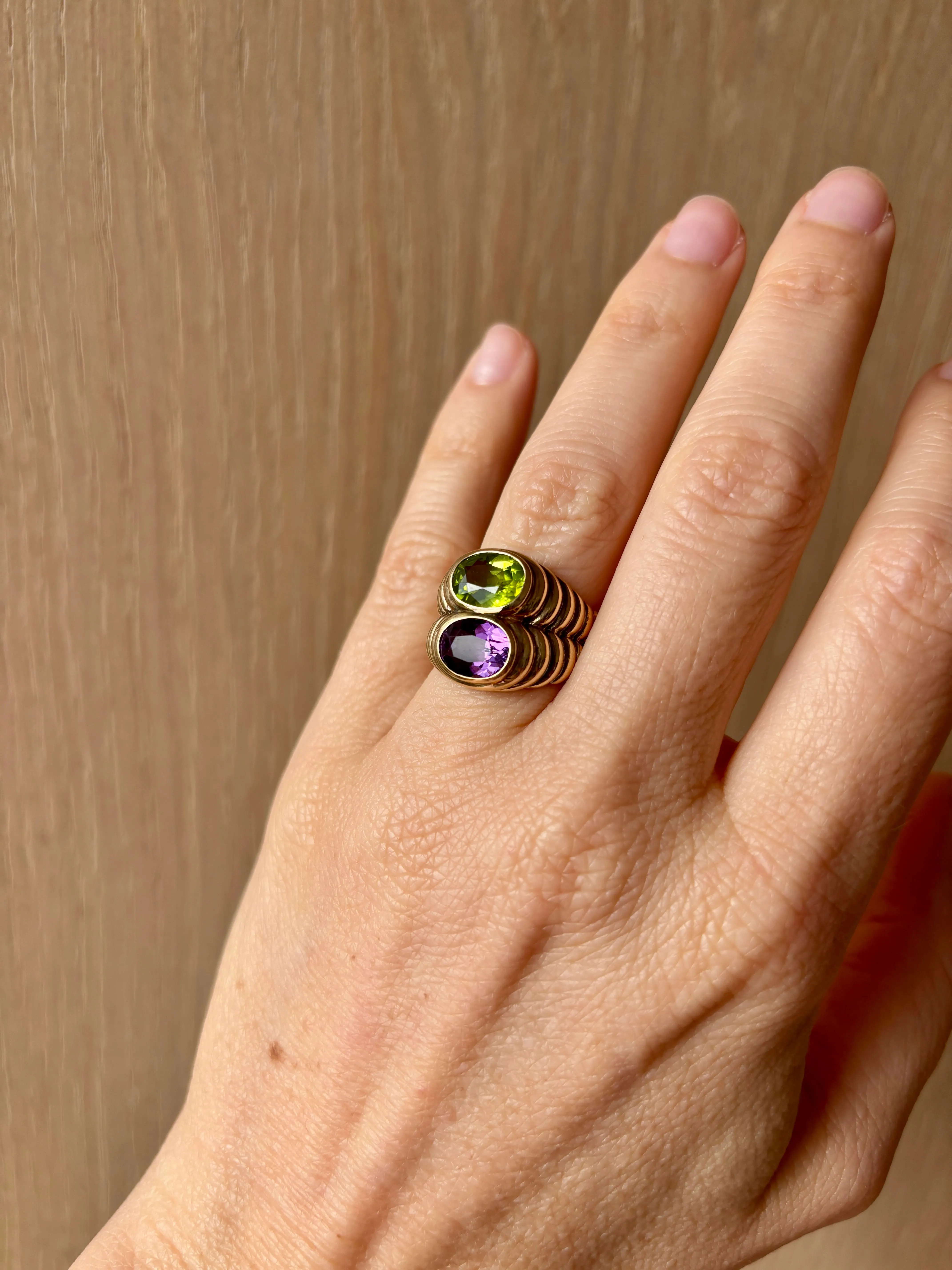 Bulgari Doppio Baccellato Peridot & Amethyst Gold Ring