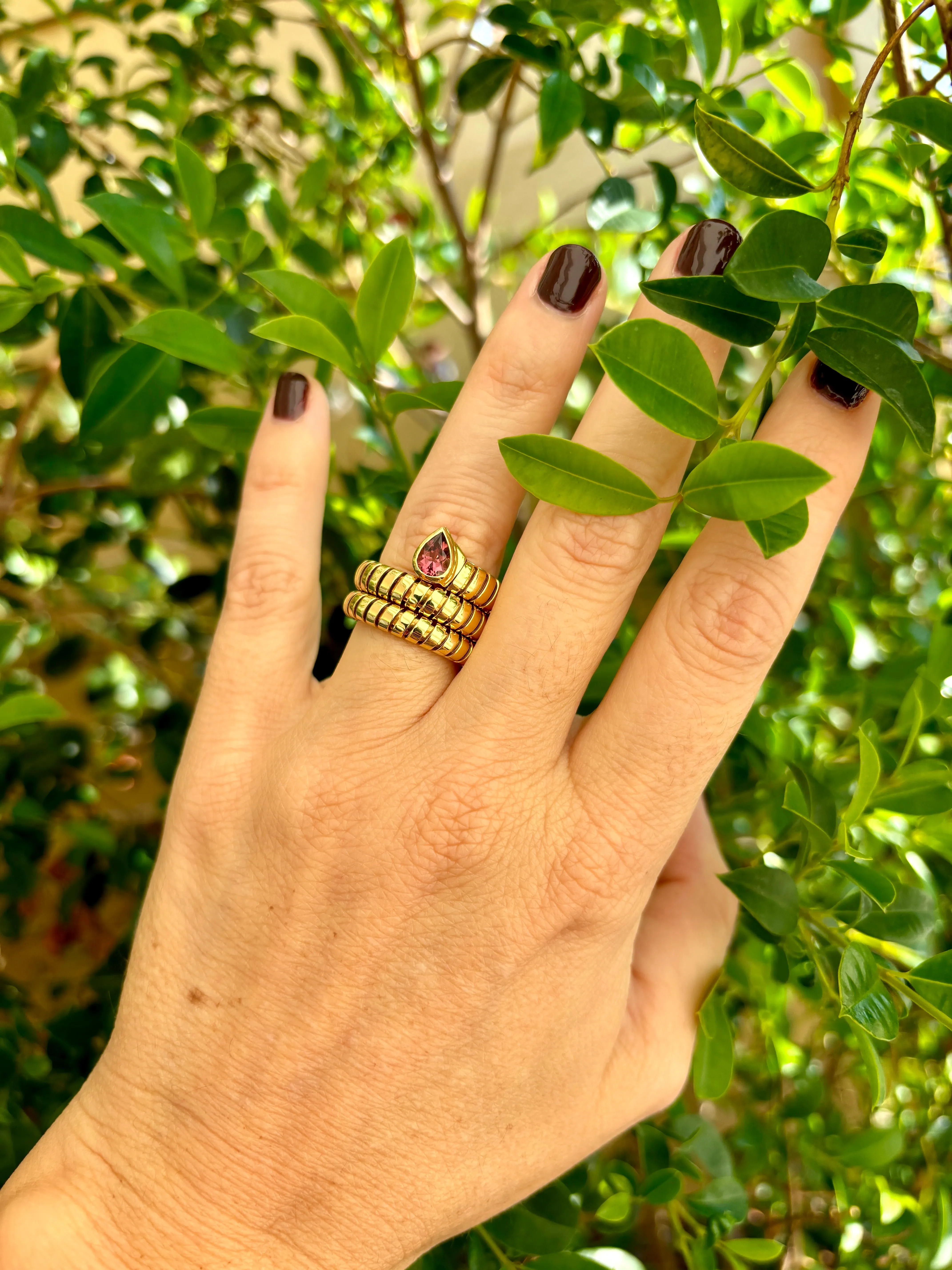 Bulgari Tubogas Serpenti Tourmaline 18k Yellow Gold 3-Row Ring