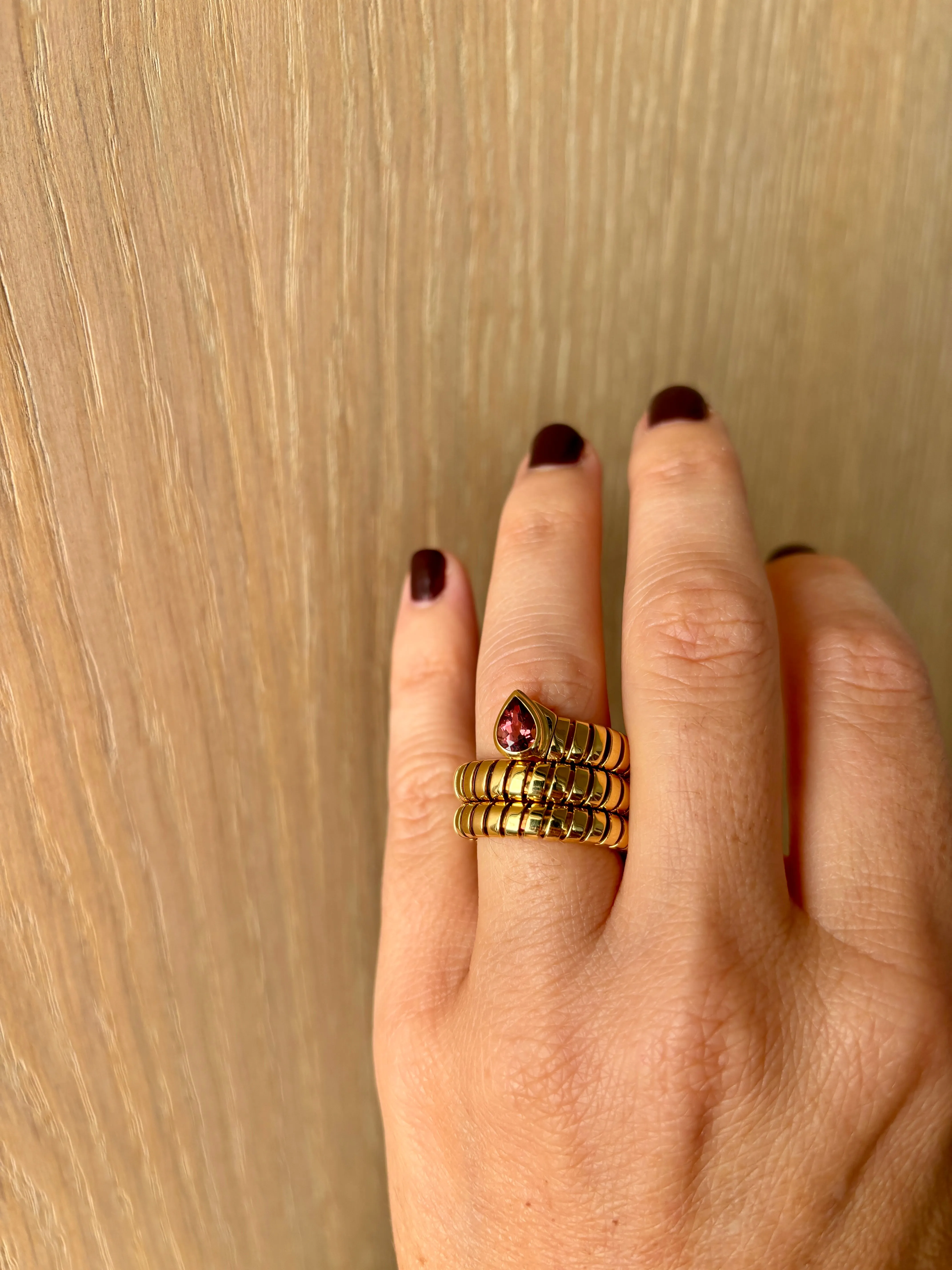 Bulgari Tubogas Serpenti Tourmaline 18k Yellow Gold 3-Row Ring