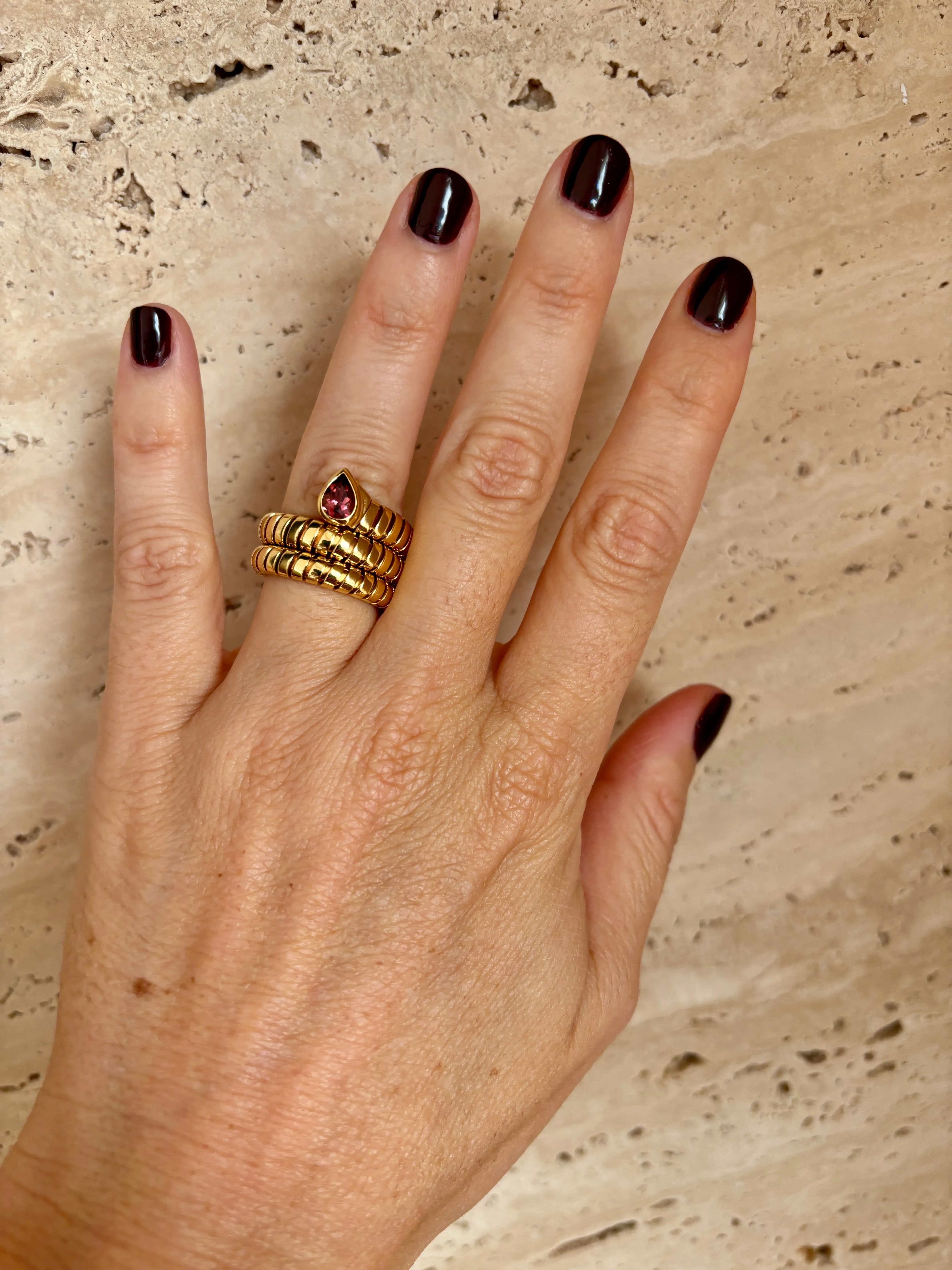 Bulgari Tubogas Serpenti Tourmaline 18k Yellow Gold 3-Row Ring