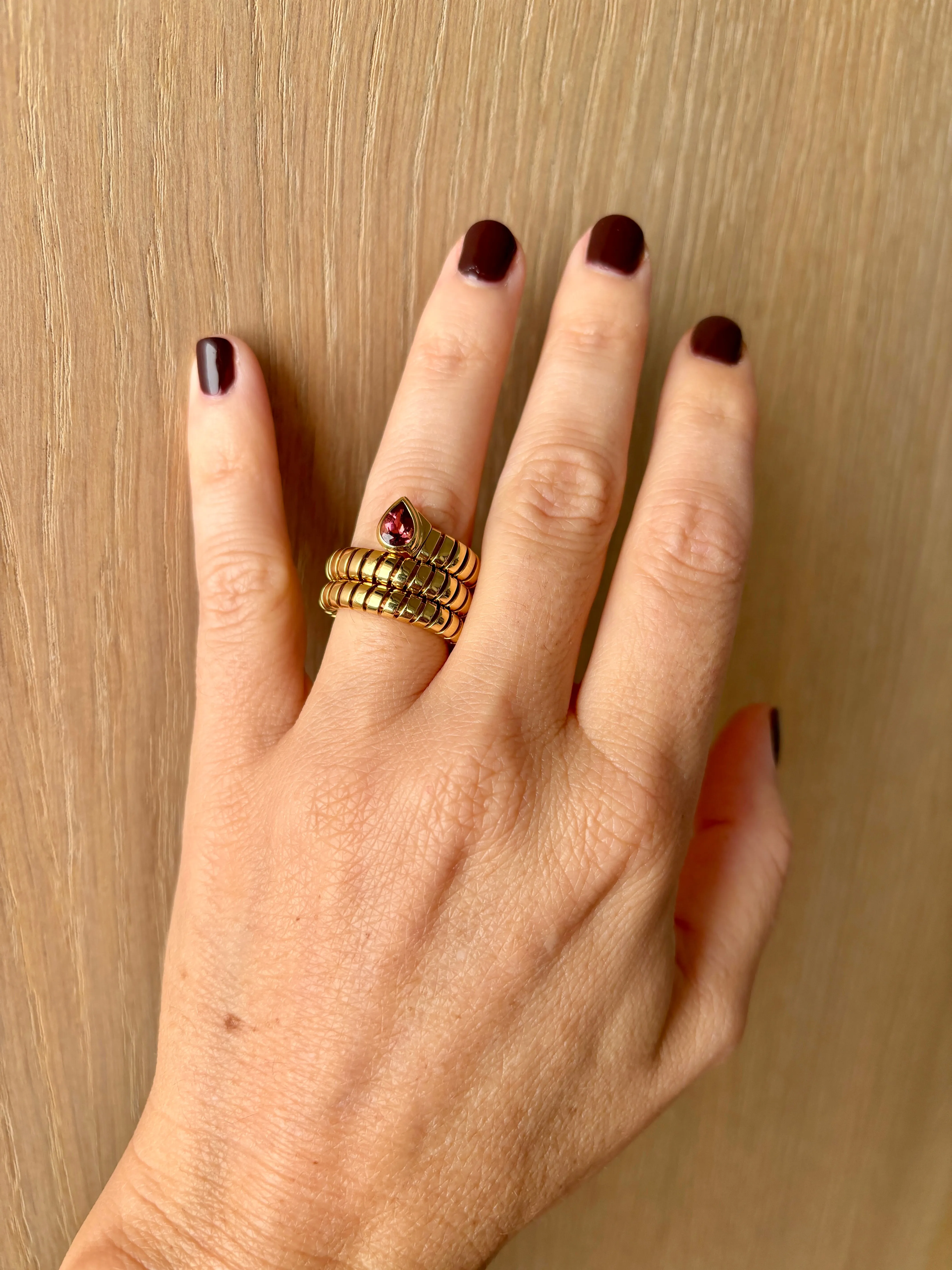 Bulgari Tubogas Serpenti Tourmaline 18k Yellow Gold 3-Row Ring