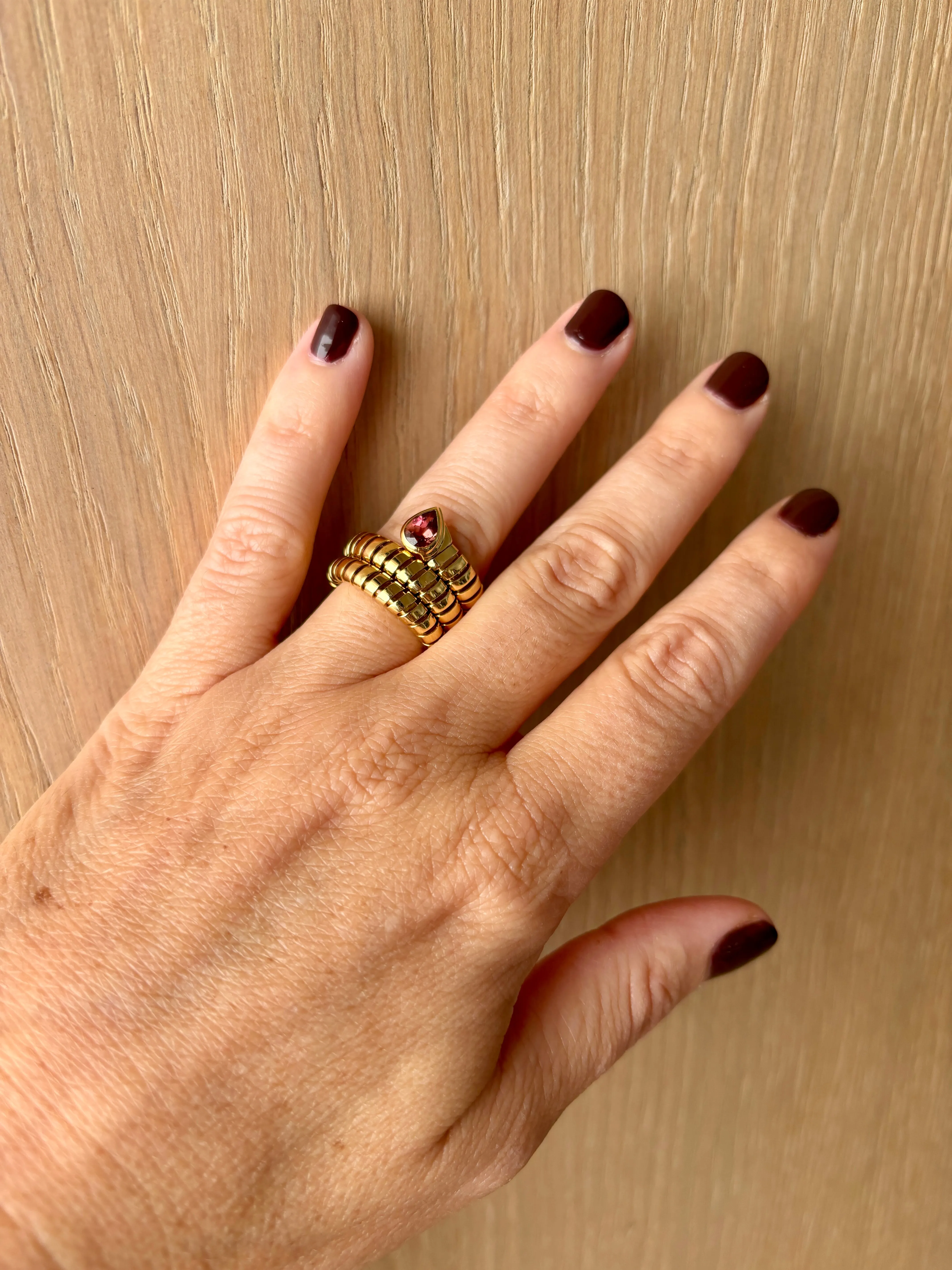 Bulgari Tubogas Serpenti Tourmaline 18k Yellow Gold 3-Row Ring
