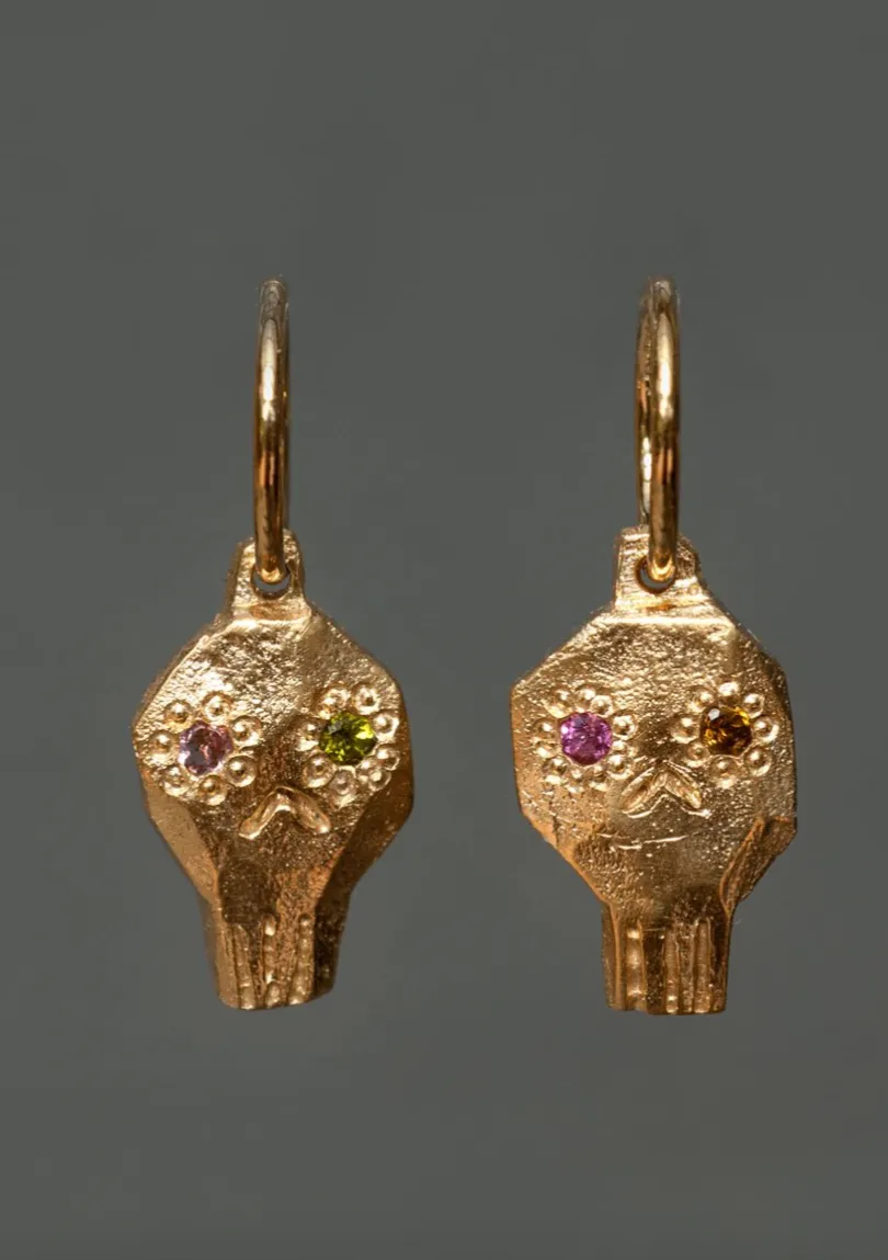 Camille Paloma Walton Skull Earrings GP pink and red stones