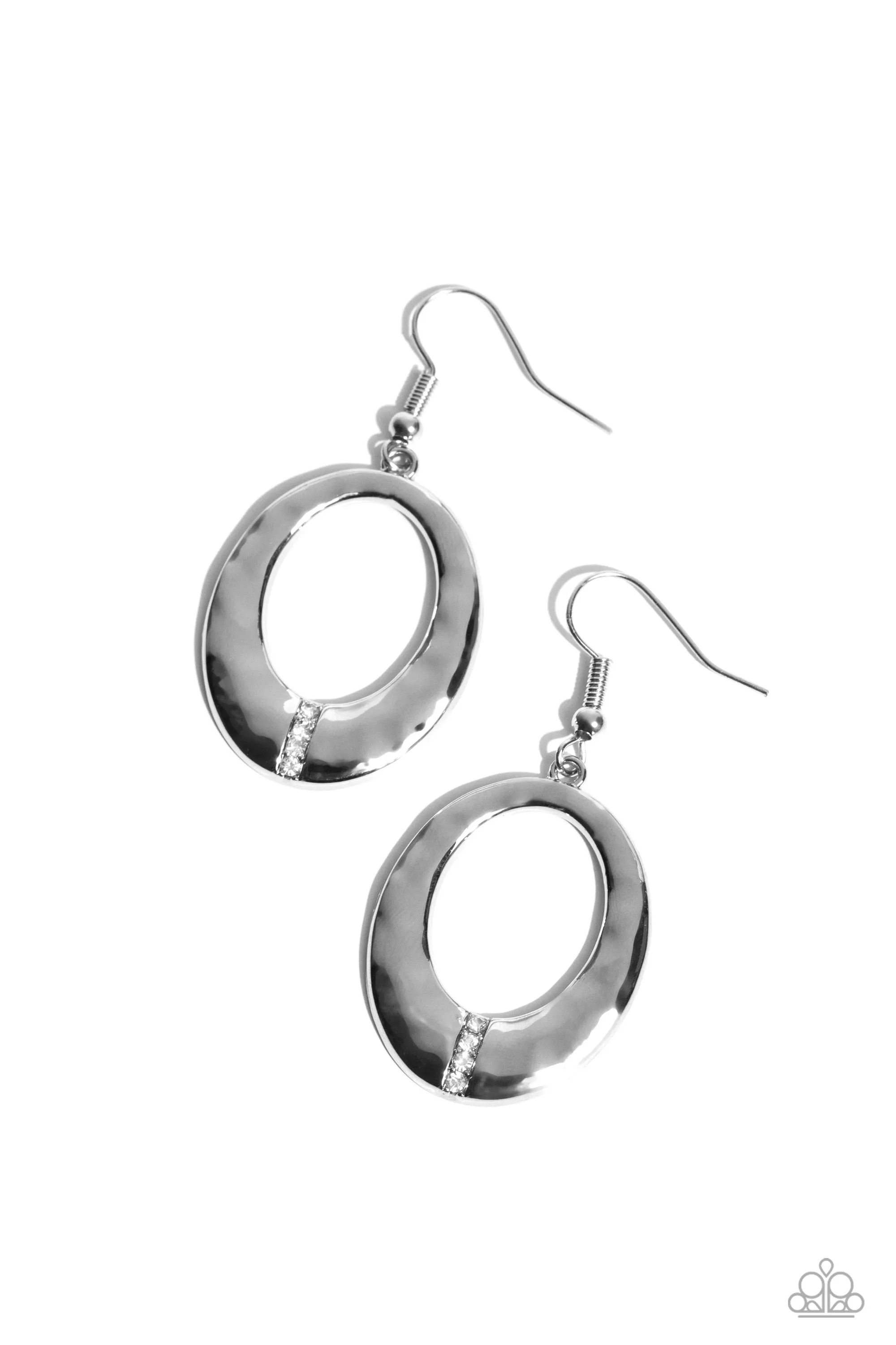 Center Stage Classic - White - Rhinestone Hammered Hoop Paparazzi Fishhook Earrings