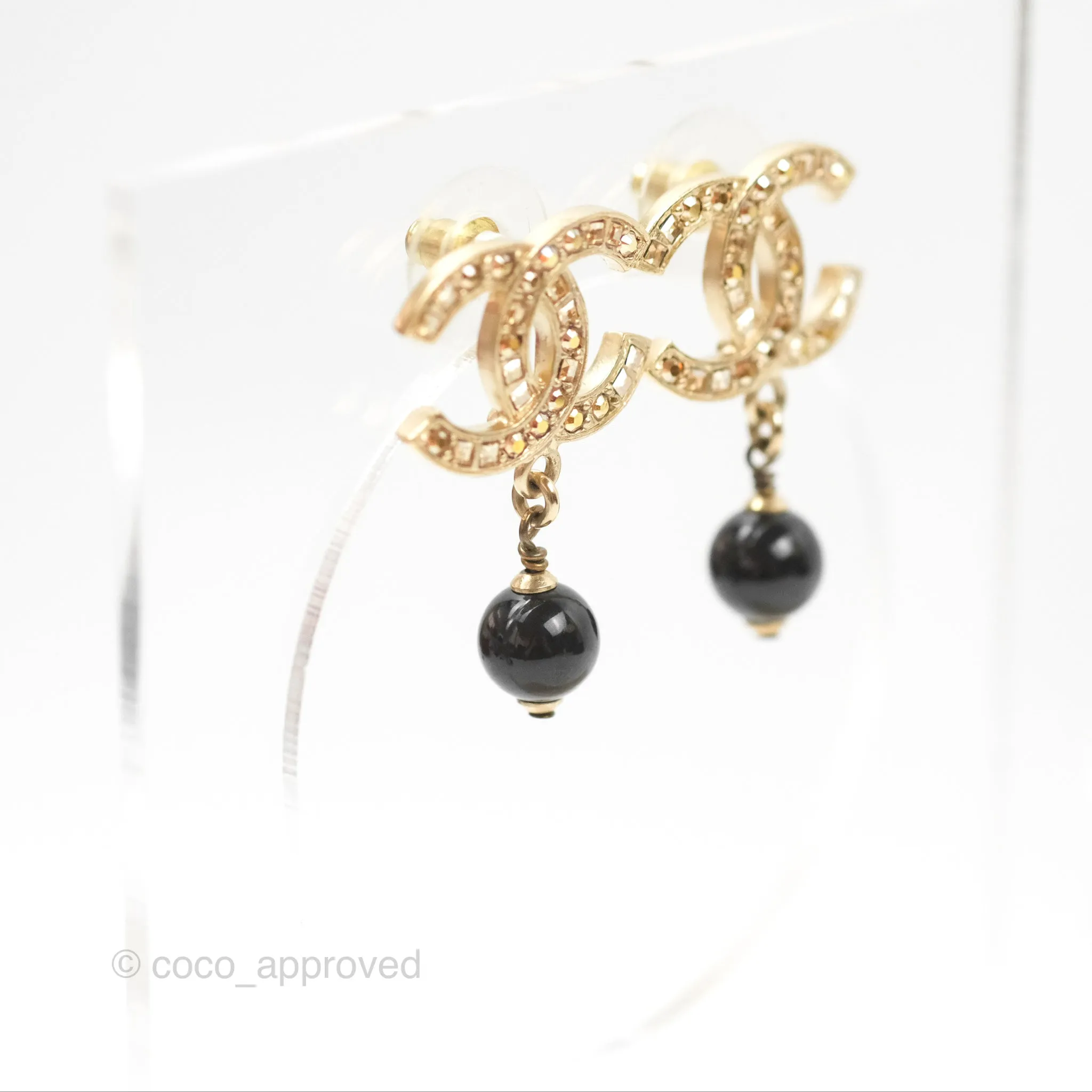Chanel Champagne Crystals CC Black Bead Drop Earrings Gold Tone 21S