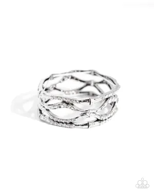 Cross Country - White - Rhinestone Encrusted Asymmetrical Bar Paparazzi Hinge Bracelet