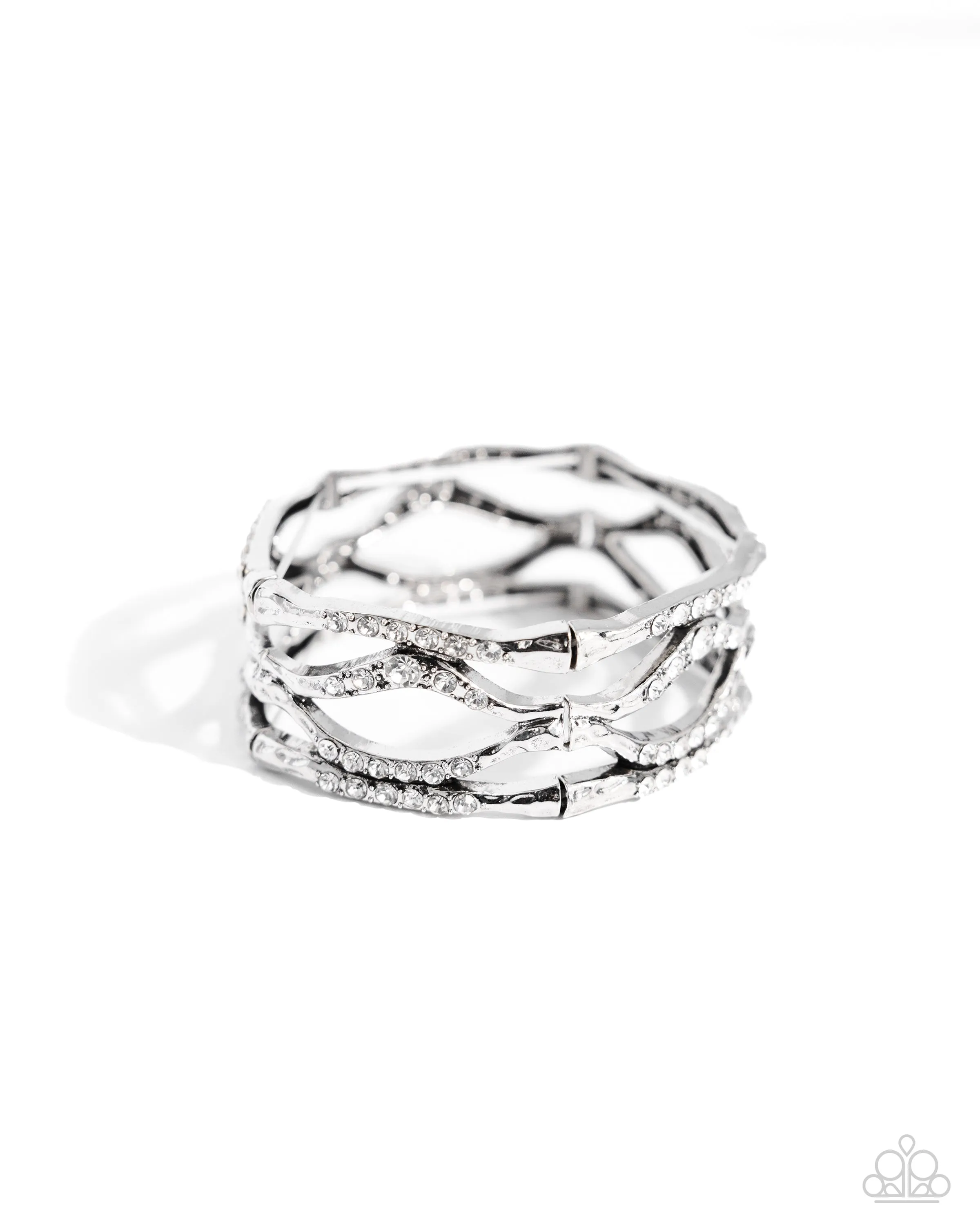 Cross Country - White - Rhinestone Encrusted Asymmetrical Bar Paparazzi Hinge Bracelet