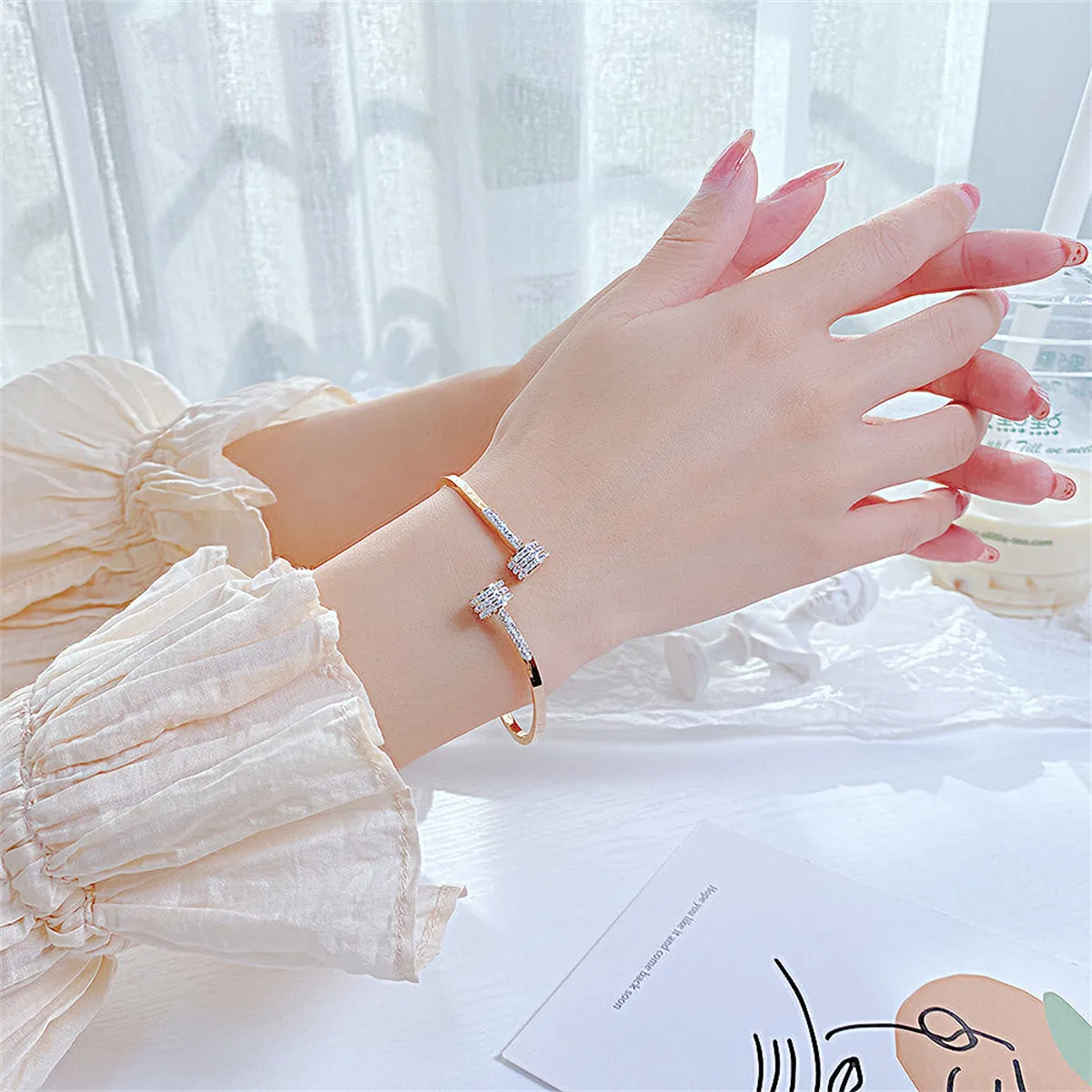 Cubic Zirconia & 18K Rose Gold-Plated Coin Bypass Bangle