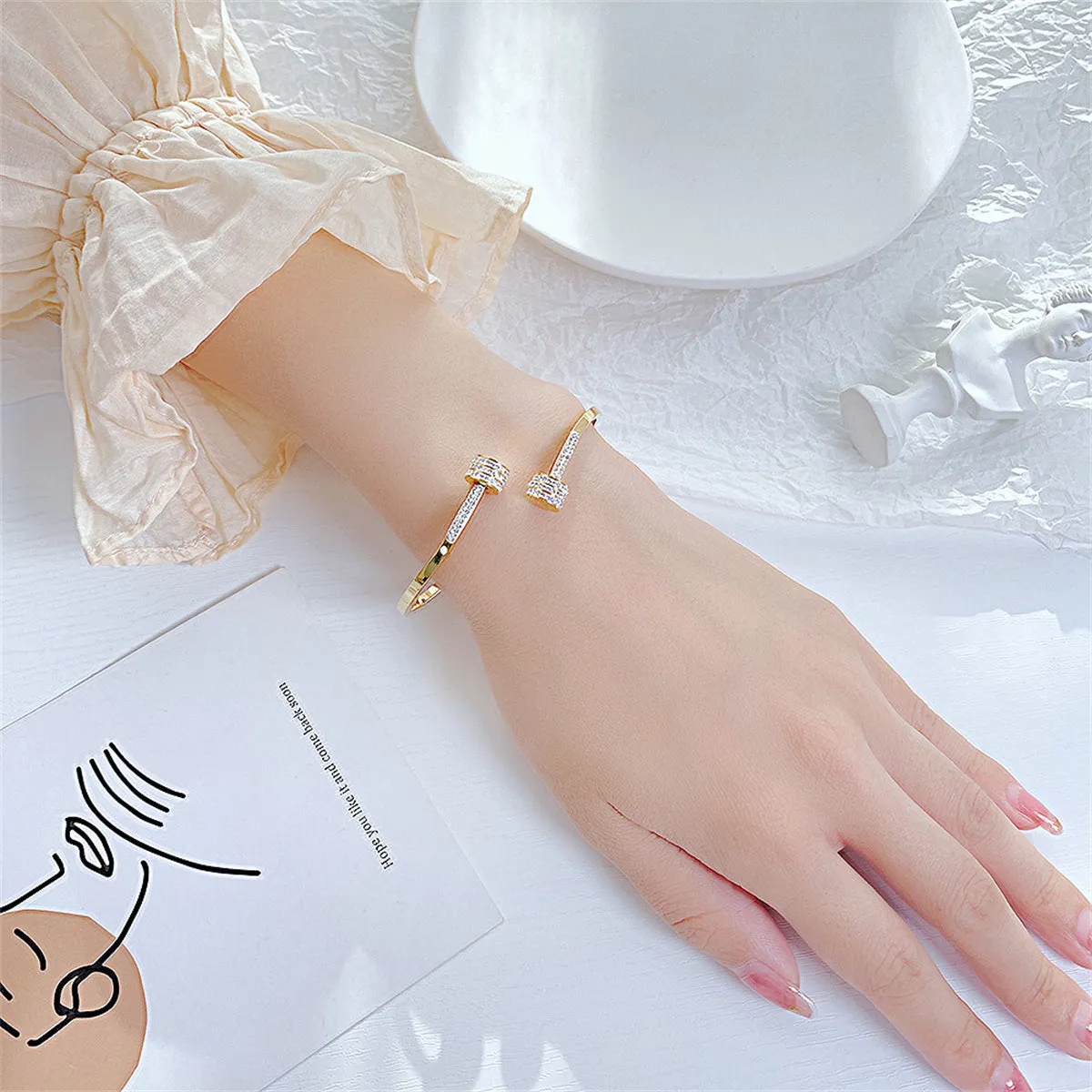 Cubic Zirconia & 18K Rose Gold-Plated Coin Bypass Bangle