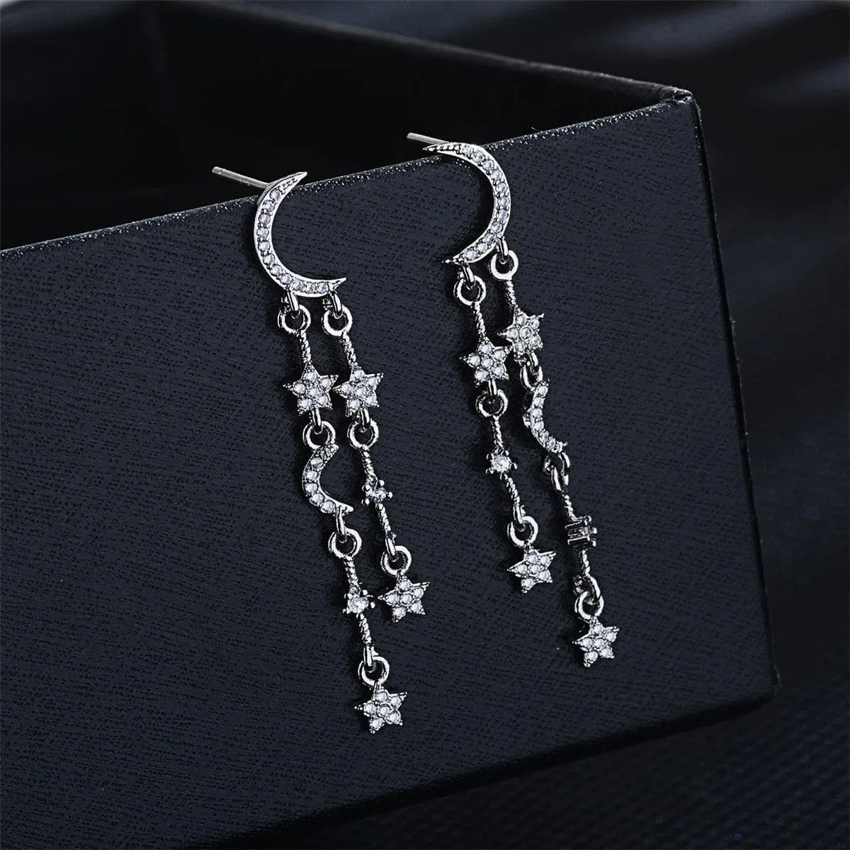 Cubic Zirconia & Silver-Plated Moon & Star Drop Earrings