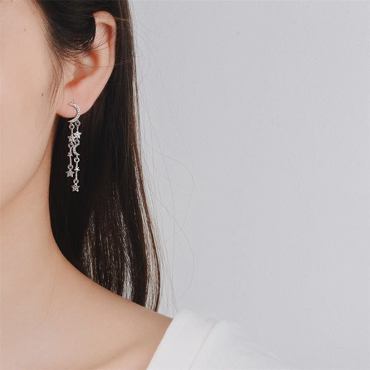 Cubic Zirconia & Silver-Plated Moon & Star Drop Earrings