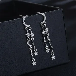 Cubic Zirconia & Silver-Plated Moon & Star Drop Earrings