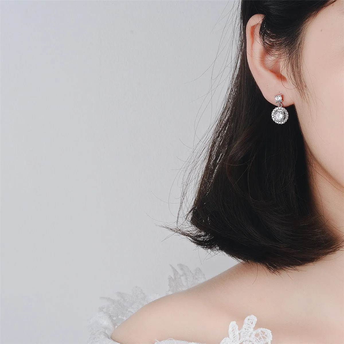 Cubic Zirconia & Silver-Plated Round-Cut Halo Drop Earrings
