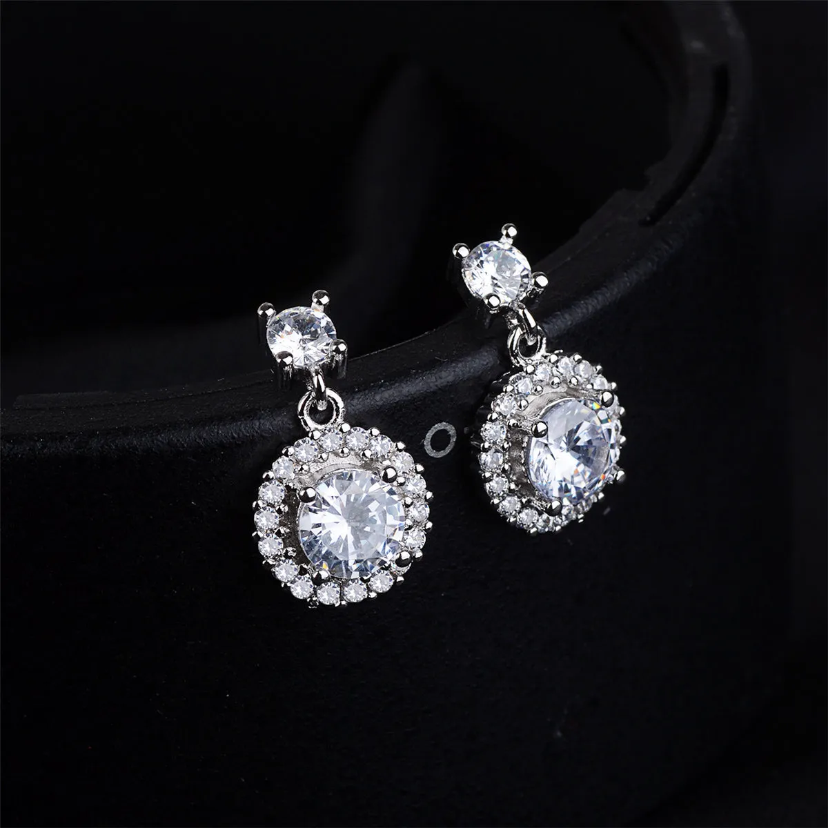 Cubic Zirconia & Silver-Plated Round-Cut Halo Drop Earrings
