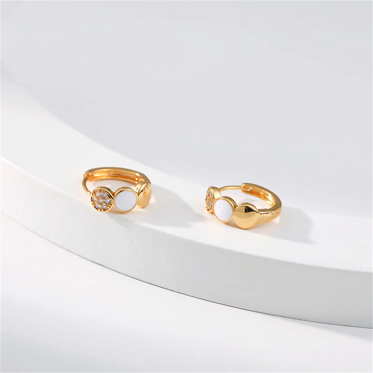 Cubic Zirconia & White Enamel 18K Gold-Plated Round Huggie Earrings