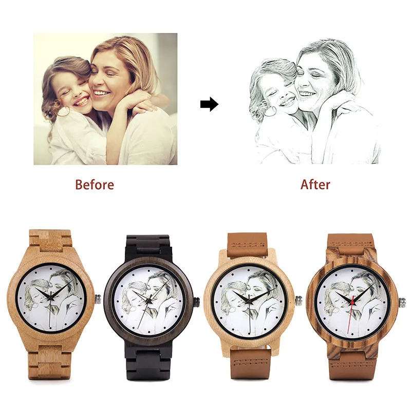 Customized Wood & Leather Watches Personalized Photo Quartz Watches